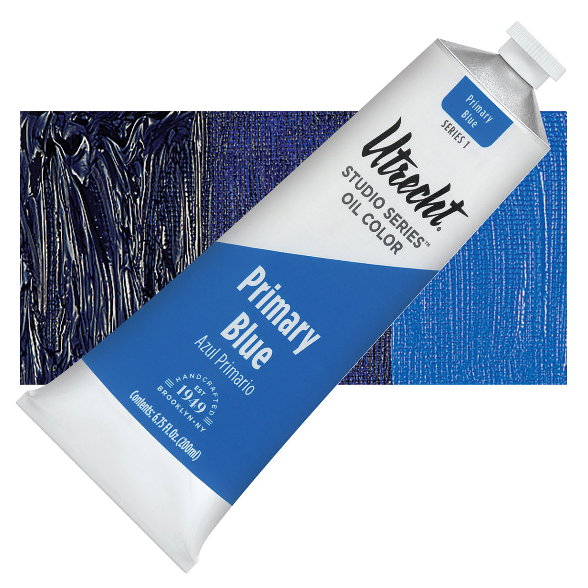 Utrecht Studio Series Oil Paint - Primary Blue, 200 ml tube and swatch