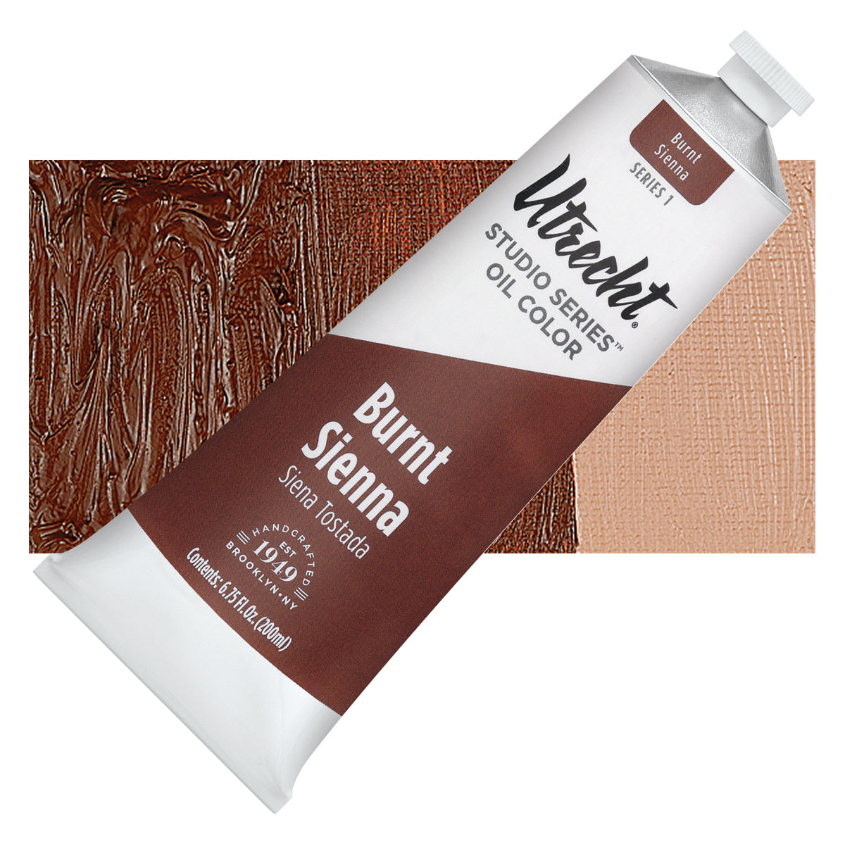 Utrecht Studio Series Oil Paint - Burnt Sienna, 200 ml tube and swatch