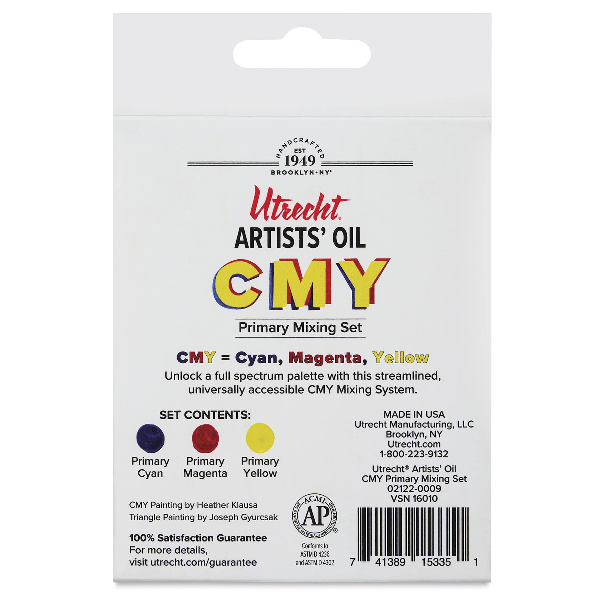 Utrecht Artists' Oil Paint - Set of 3, CMY Mixing Colors back of package