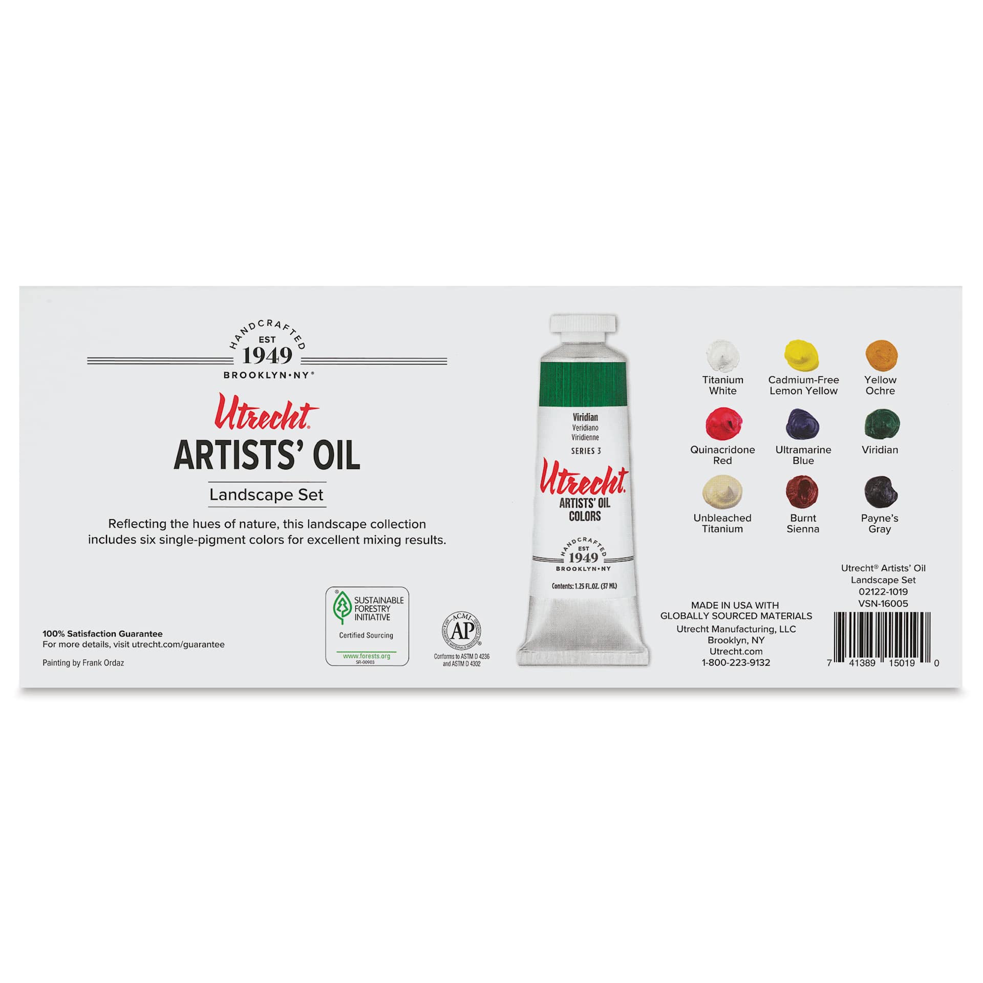 Utrecht Artists' Oil Paint - Set of 9, Landscape Colors, 37 ml, back of packaging