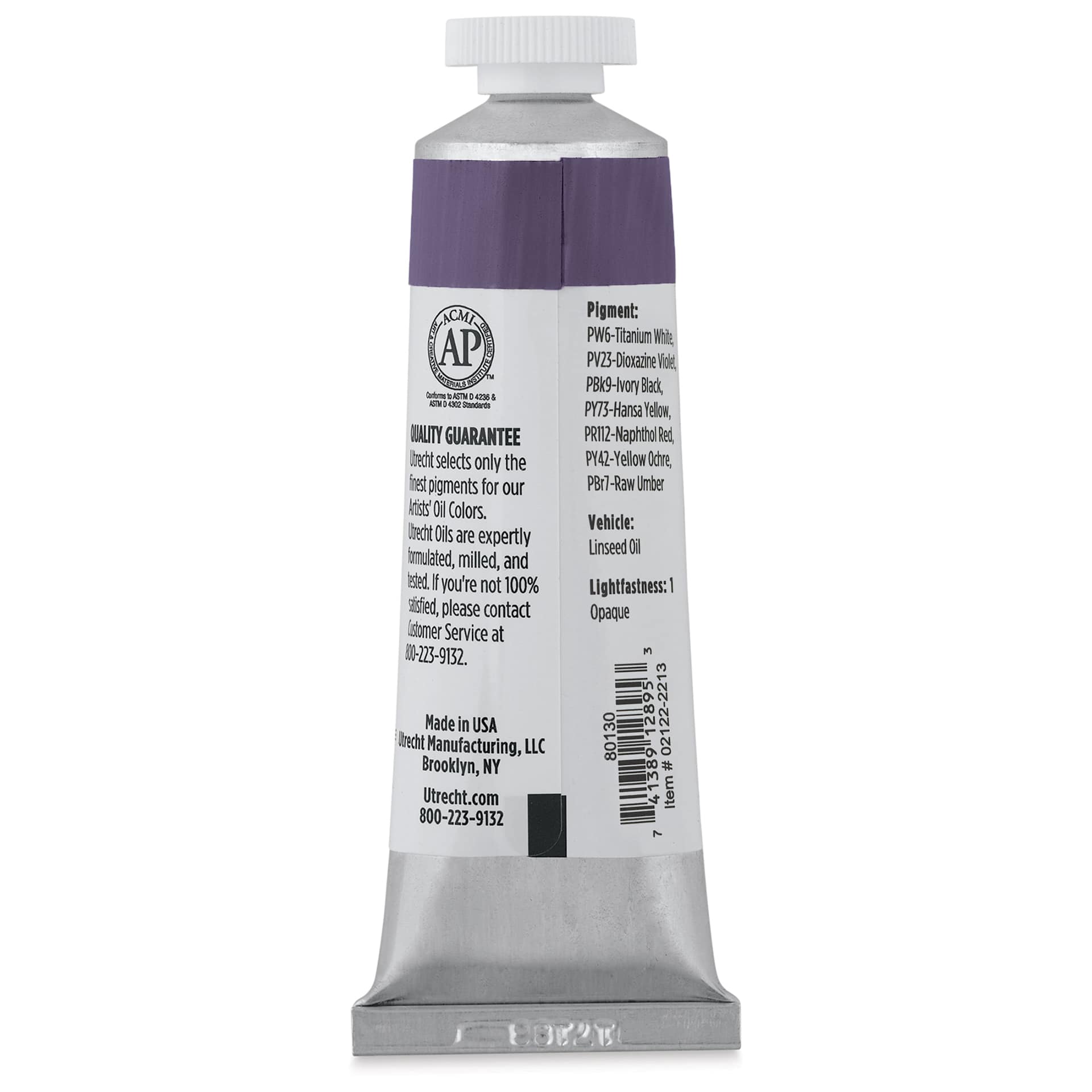 Utrecht Artists' Oil Paint - Plum Grey, 37 ml tube (back of tube)