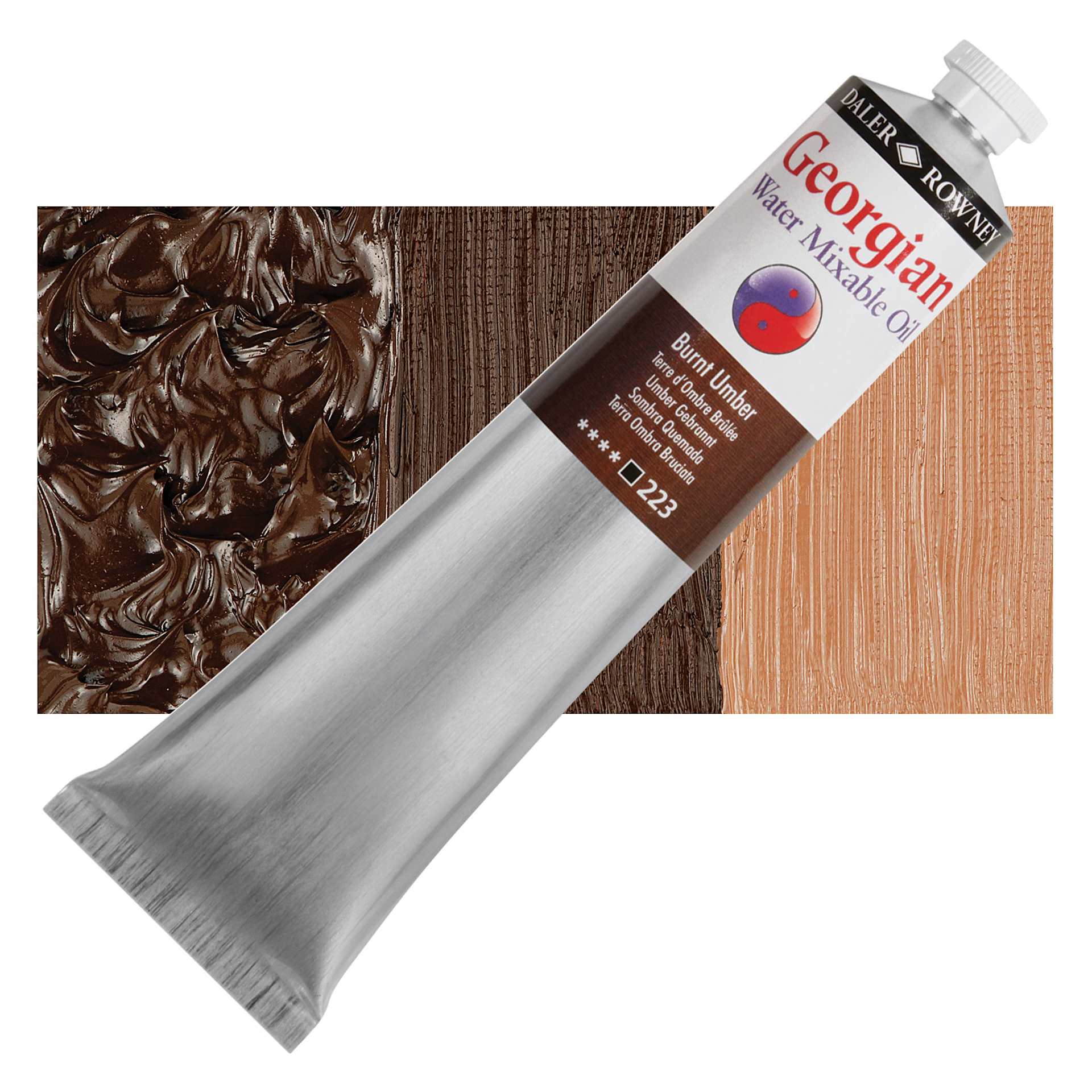 Georgian Water Mixable Oil - Burnt Umber, 200 ml tube and swatch