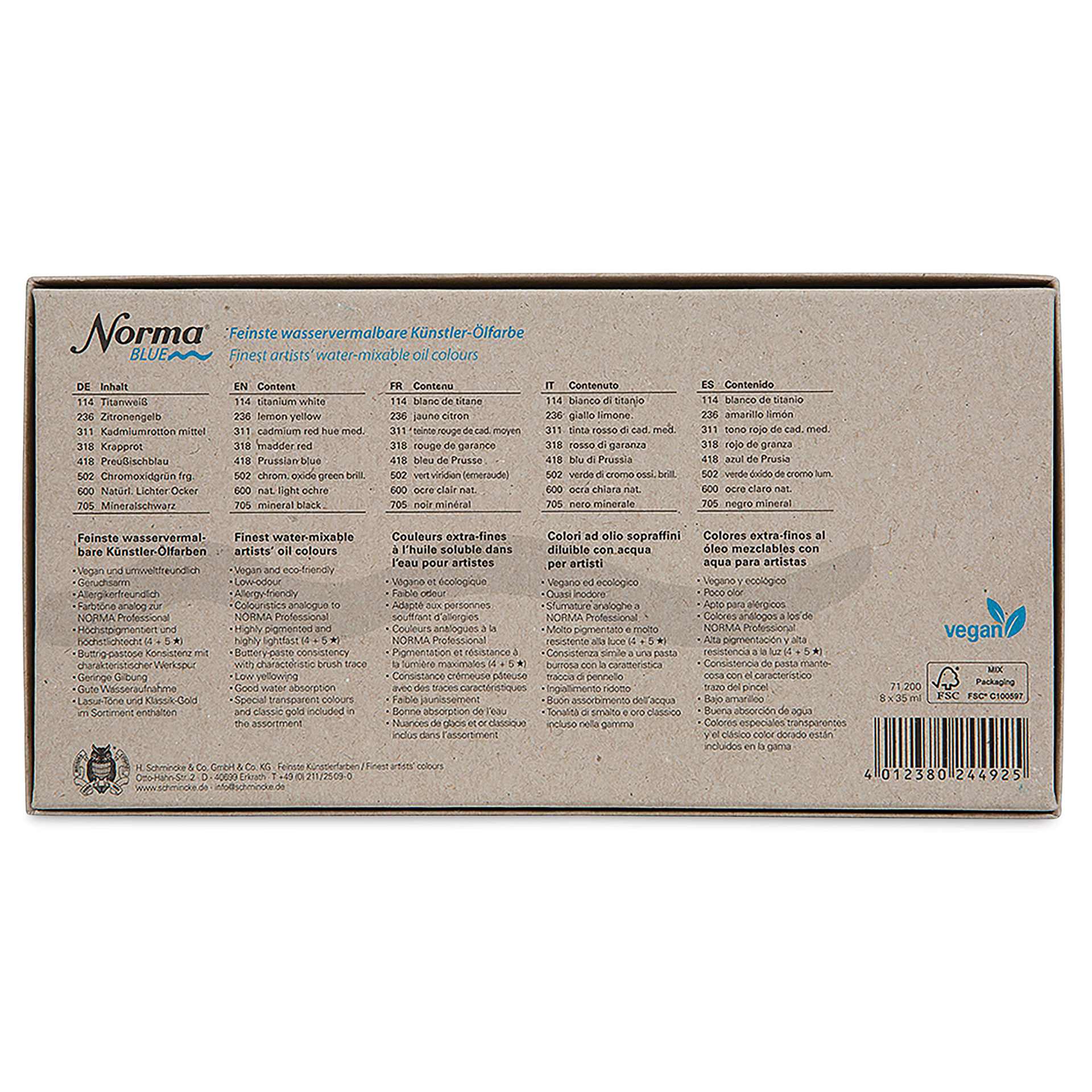 Schmincke Norma Blue Water-Mixable Oil Paint - Set of 8, back fo the packaging