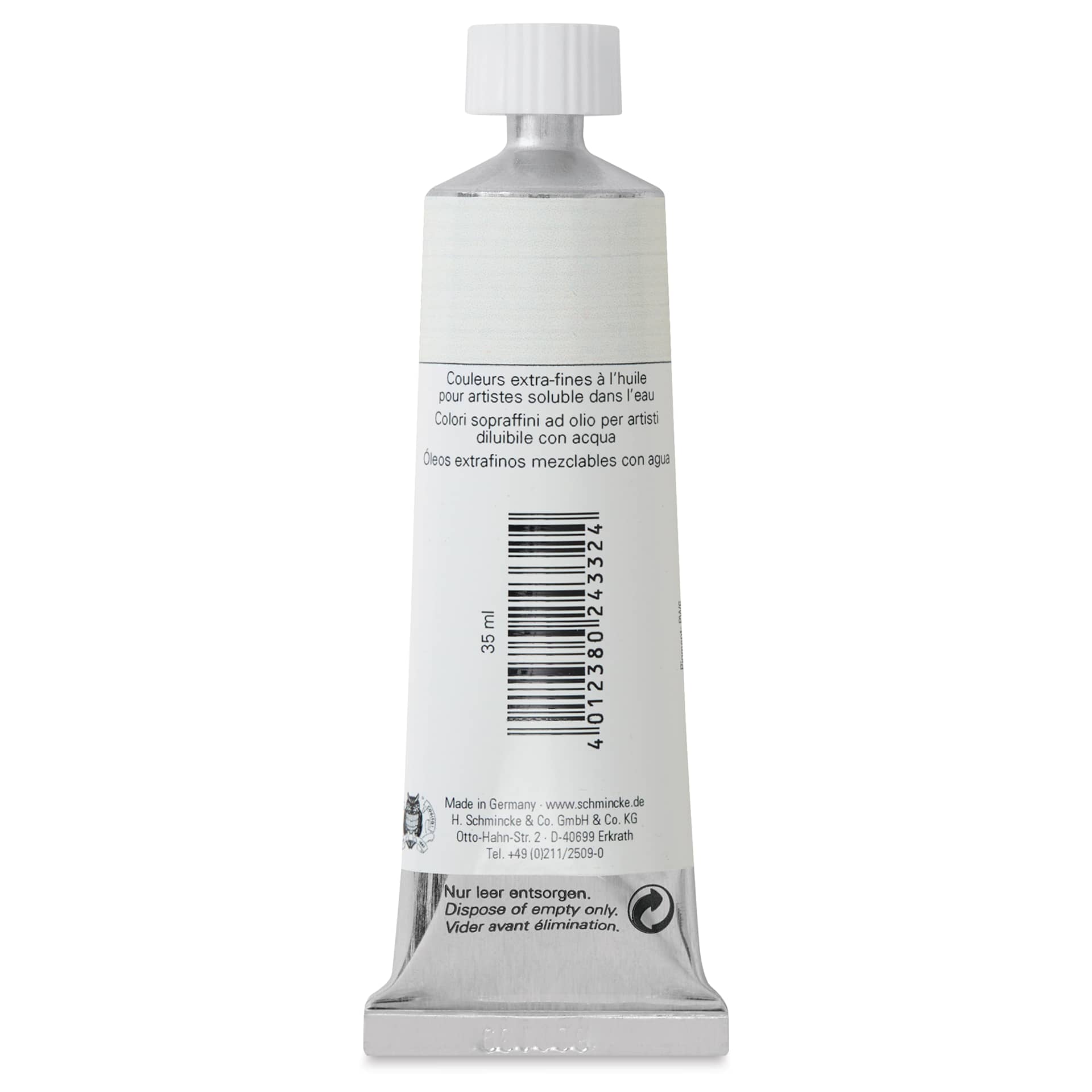 Schmincke Norma Blue Water-Mixable Oil Paint - Titanium White, 35 ml, back of the tube