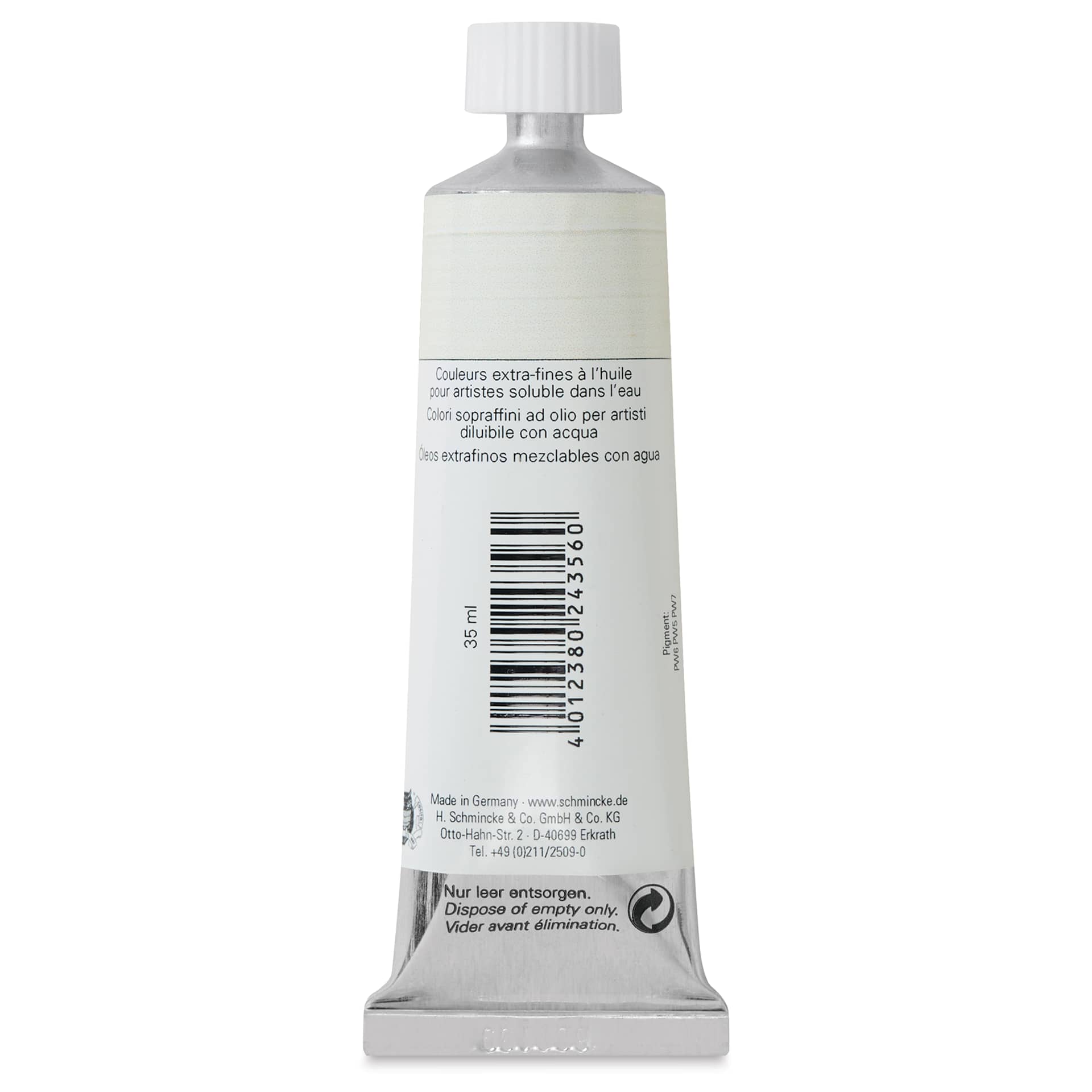 Schmincke Norma Blue Water-Mixable Oil Paint - Mixing White, 35 ml, back of the tube