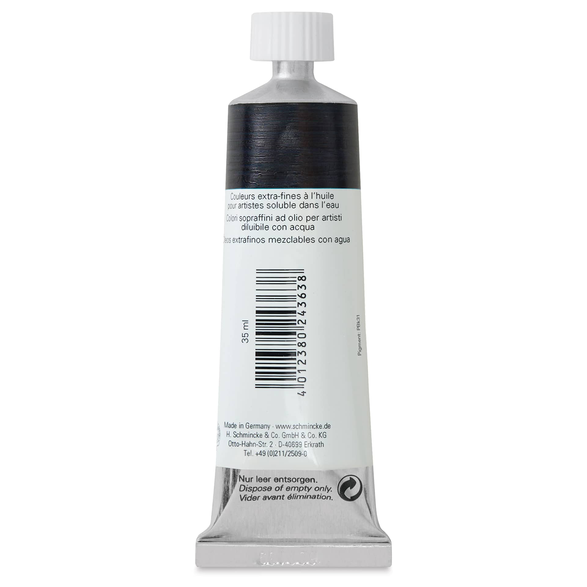 Schmincke Norma Blue Water-Mixable Oil Paint - Mineral Black, 35 ml, back of the tube