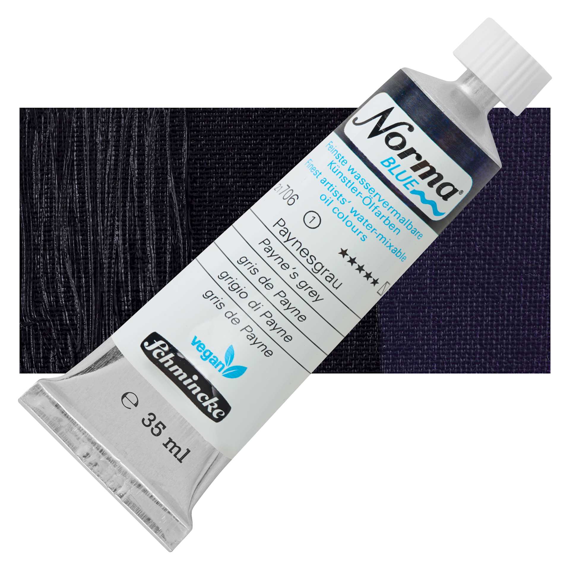 Schmincke Norma Blue Water-Mixable Oil Paint - Payne's Grey, 35 ml tube and swatch