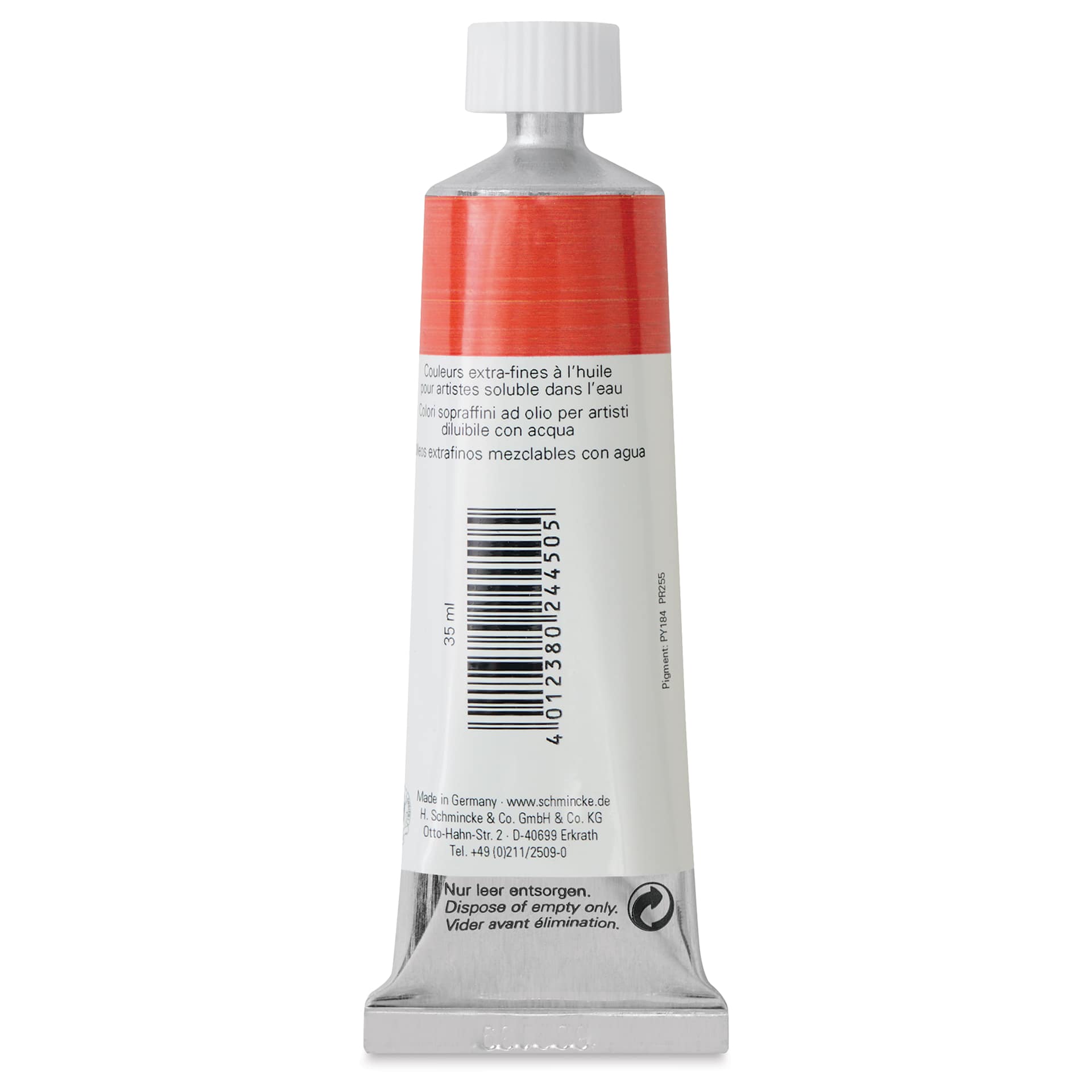 Schmincke Norma Blue Water-Mixable Oil Paint - Cadmium Red Hue Light, 35 ml, back of the tube