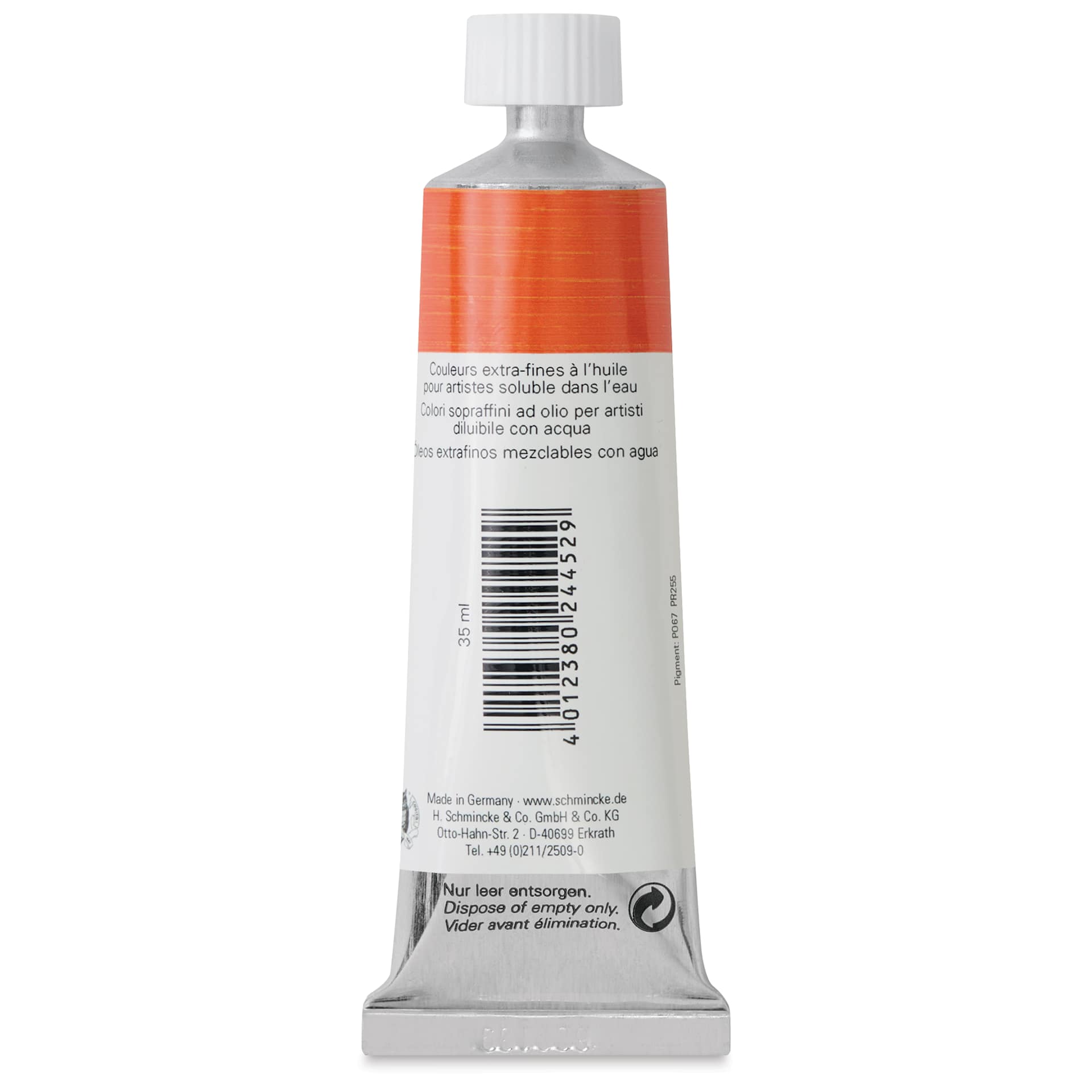 Schmincke Norma Blue Water-Mixable Oil Paint - Vermilion Light, 35 ml, back of the tube