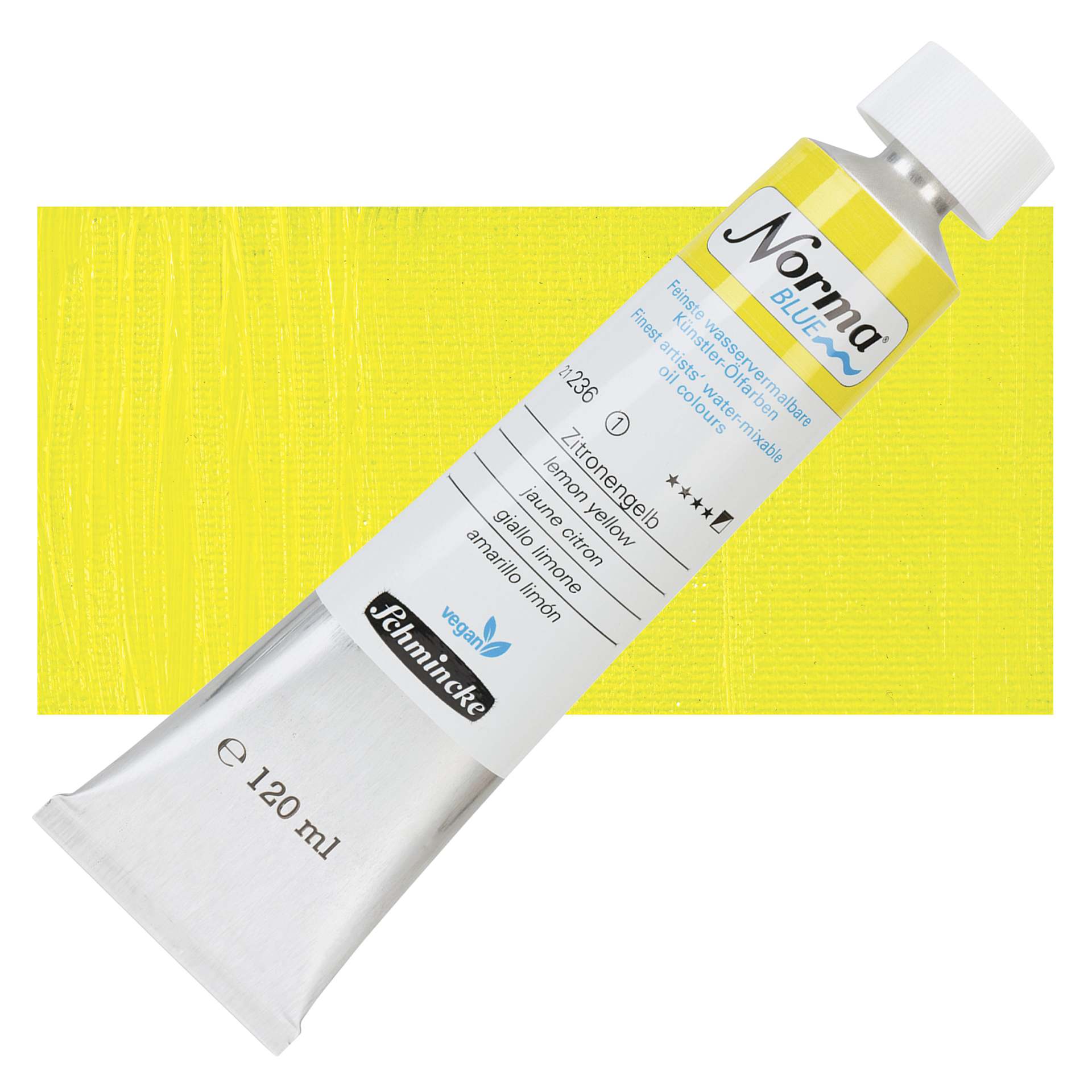 Schmincke Norma Blue Water-Mixable Oil Paint - Lemon Yellow, 120 ml tube and swatch