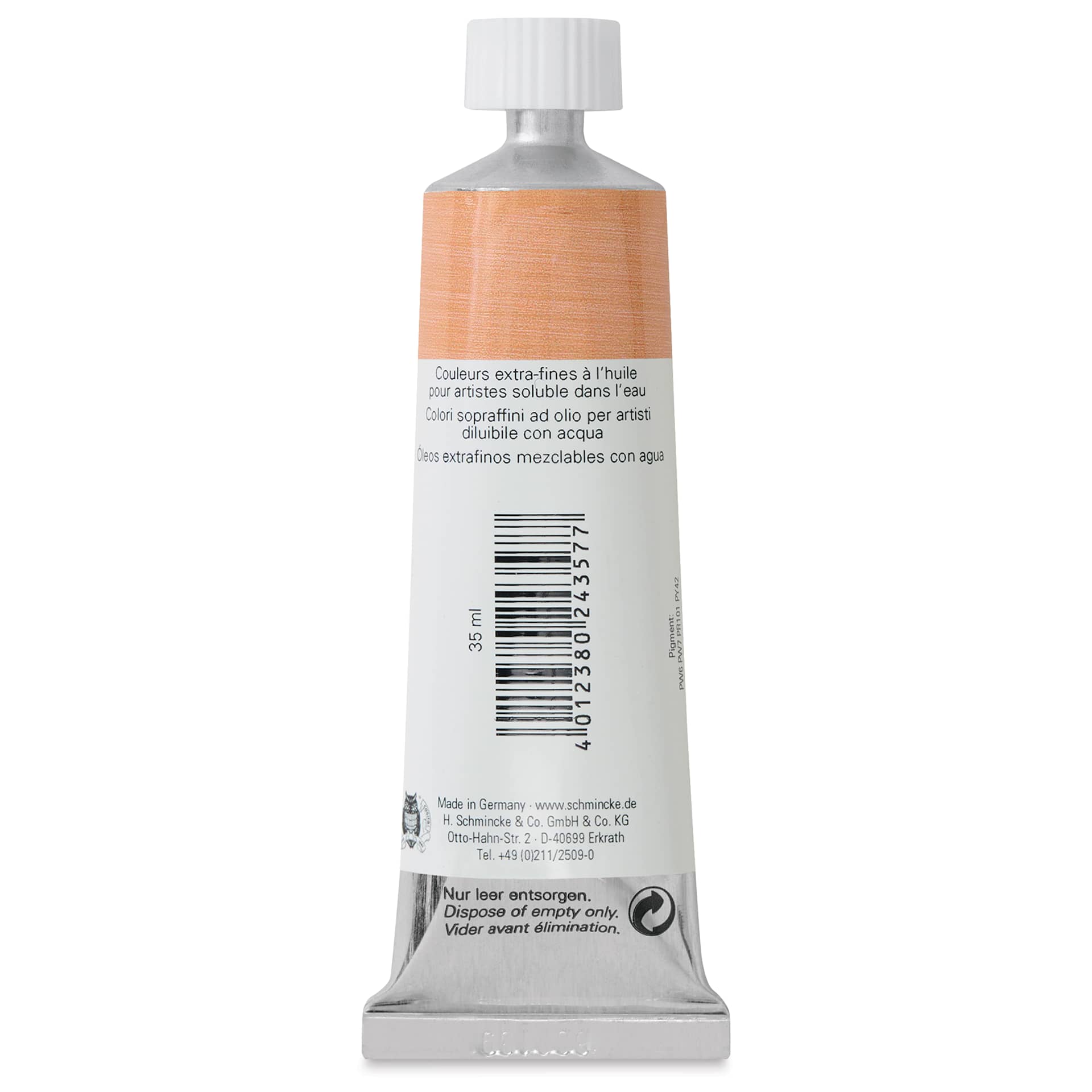 Schmincke Norma Blue Water-Mixable Oil Paint - Burnt Ochre Light, 35 ml, back of the tube