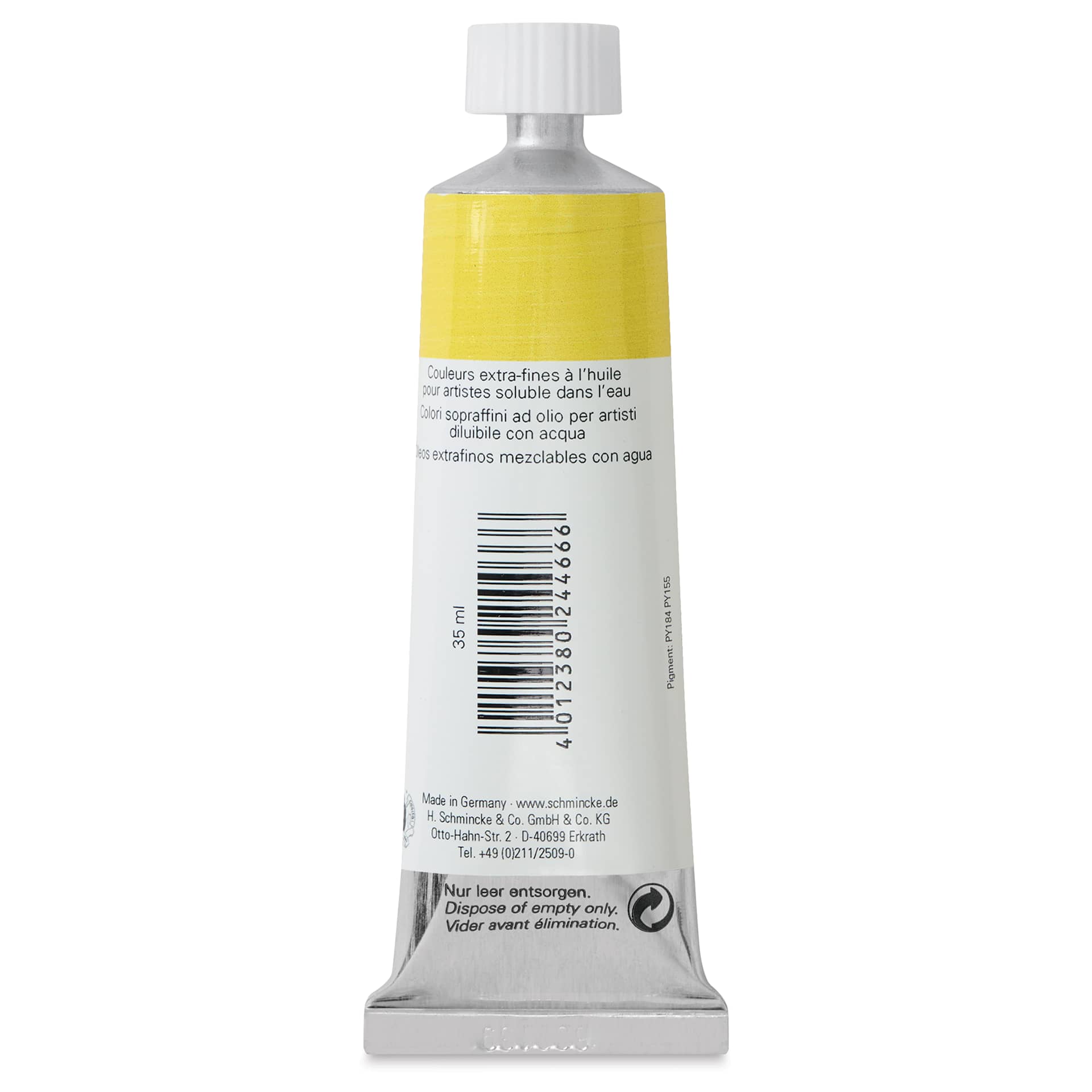 Schmincke Norma Blue Water-Mixable Oil Paint - Cadmium Yellow Hue Lemon, 35 ml, back of the tube
