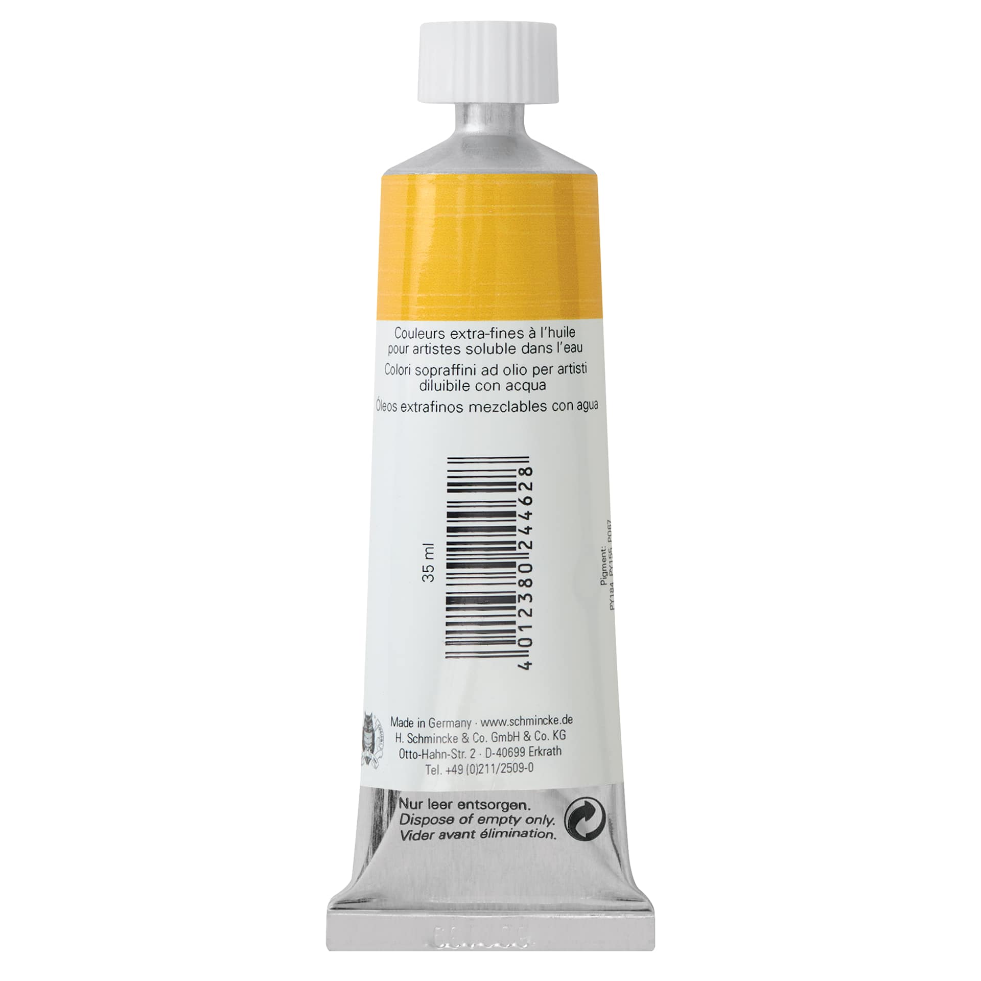 Schmincke Norma Blue Water-Mixable Oil Paint - Cadmium Yellow Hue Medium, 35 ml, back of the tube