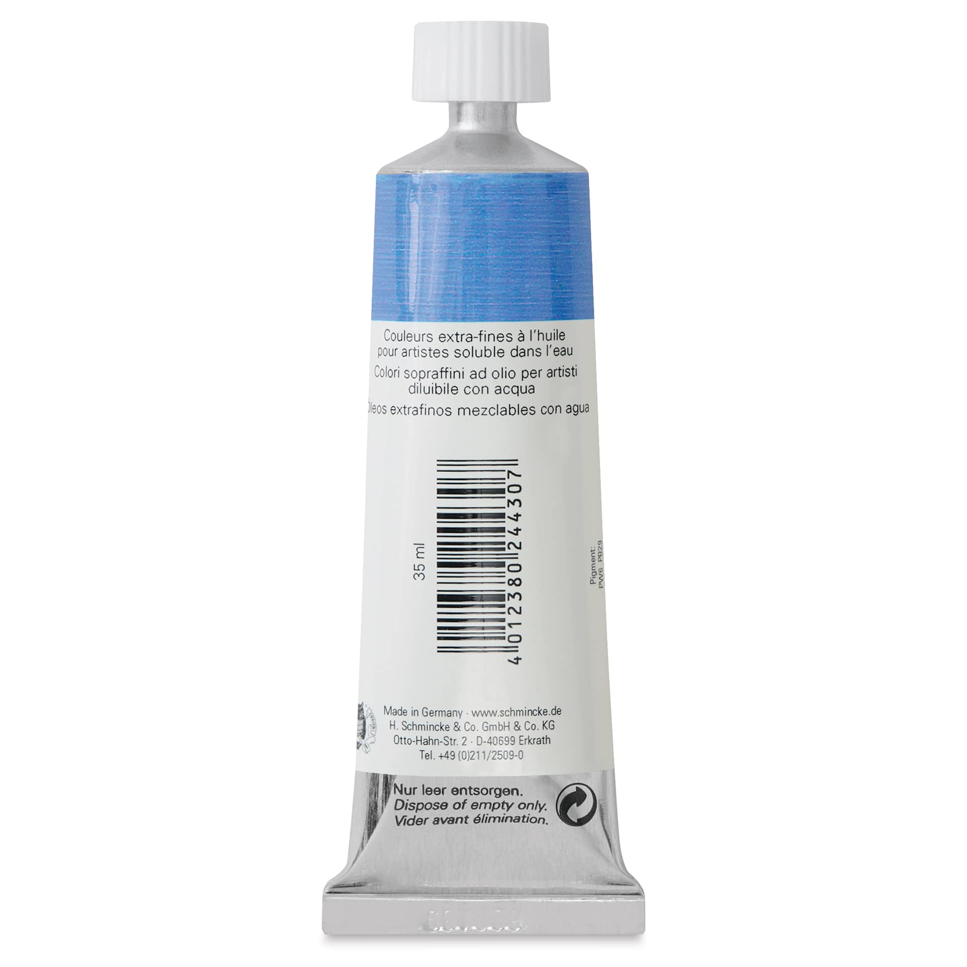 Schmincke Norma Blue Water-Mixable Oil Paint - Royal Blue, 35 ml, back of the tube