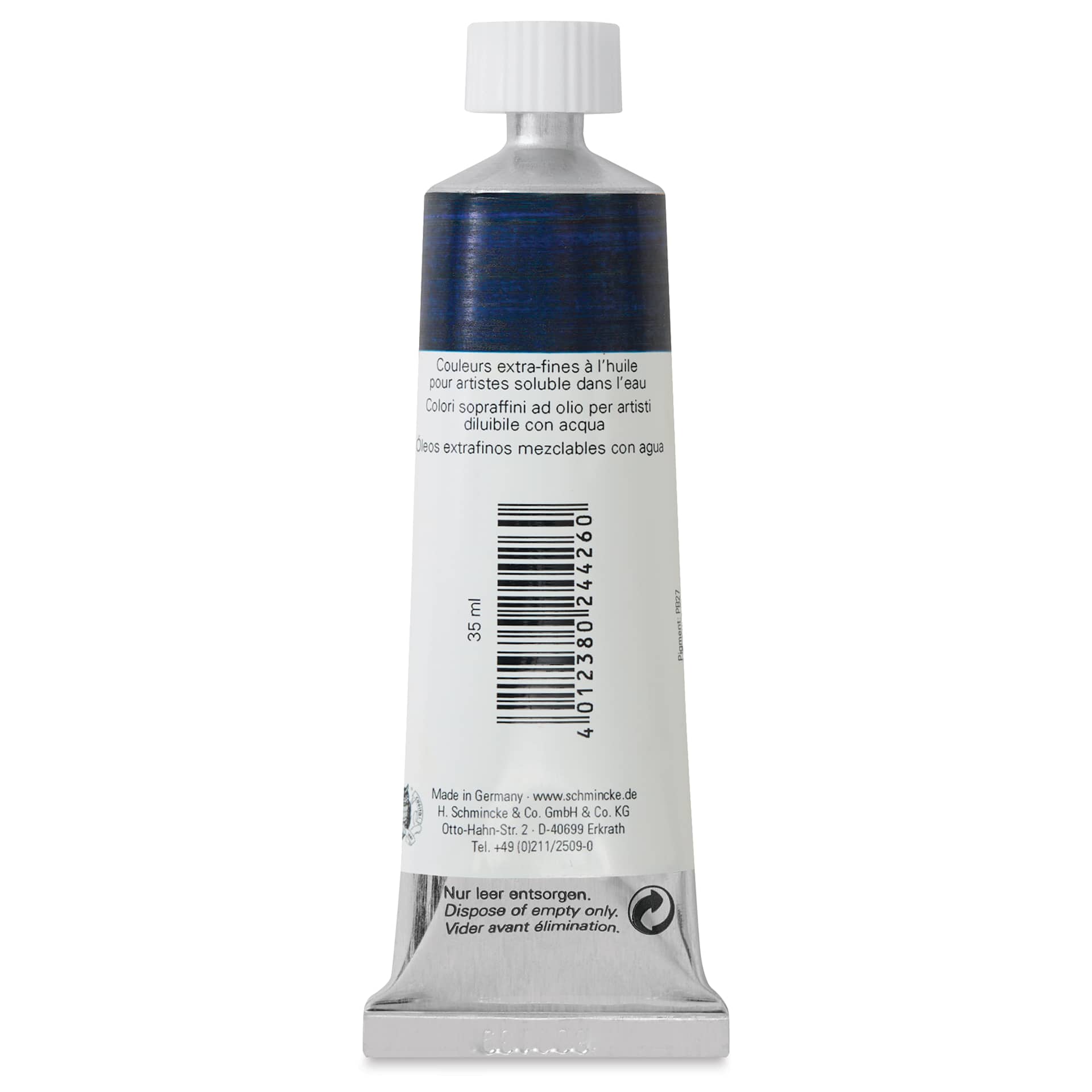 Schmincke Norma Blue Water-Mixable Oil Paint - Prussian Blue, 35 ml, back of the tube