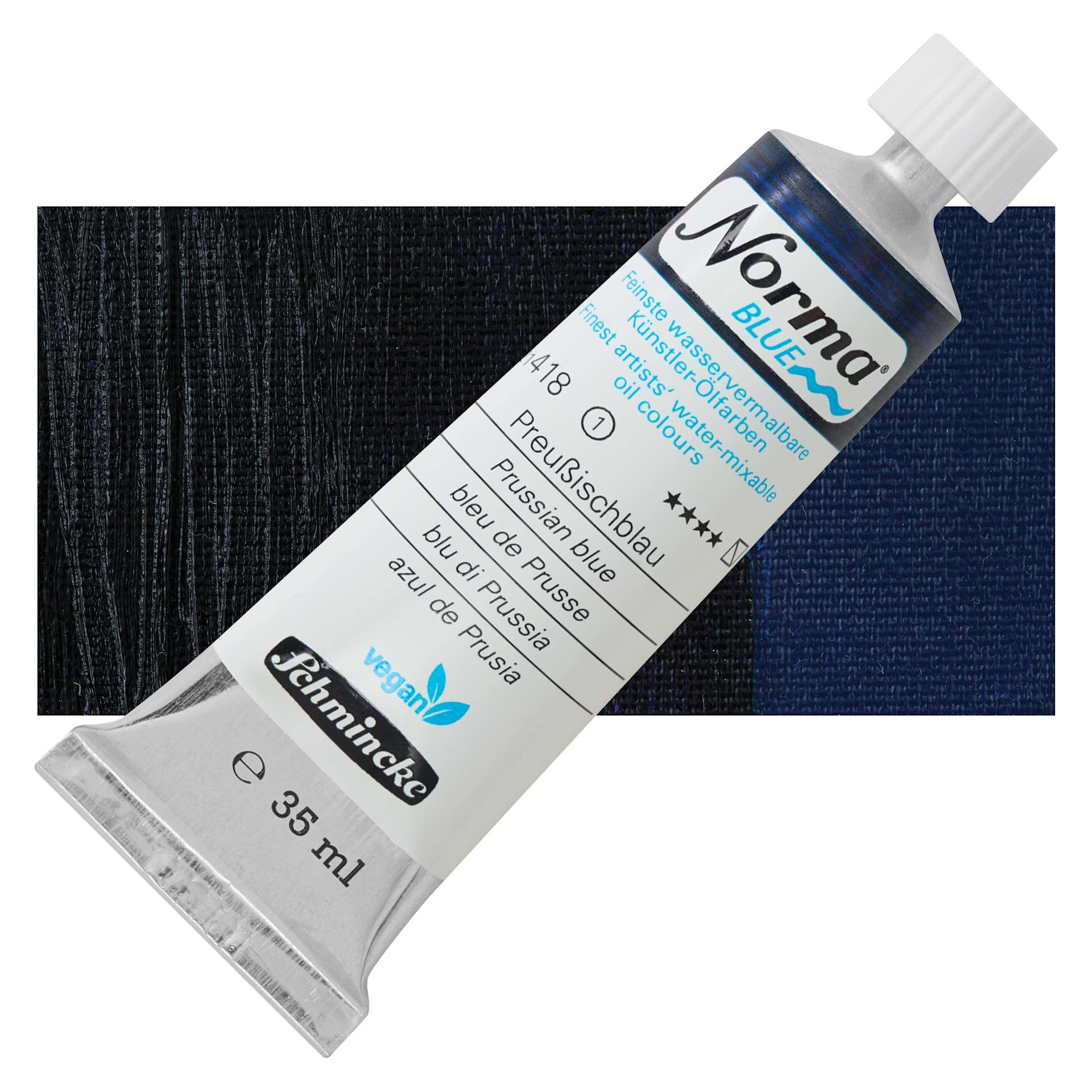 Schmincke Norma Blue Water-Mixable Oil Paint - Prussian Blue, 35 ml tube and swatch