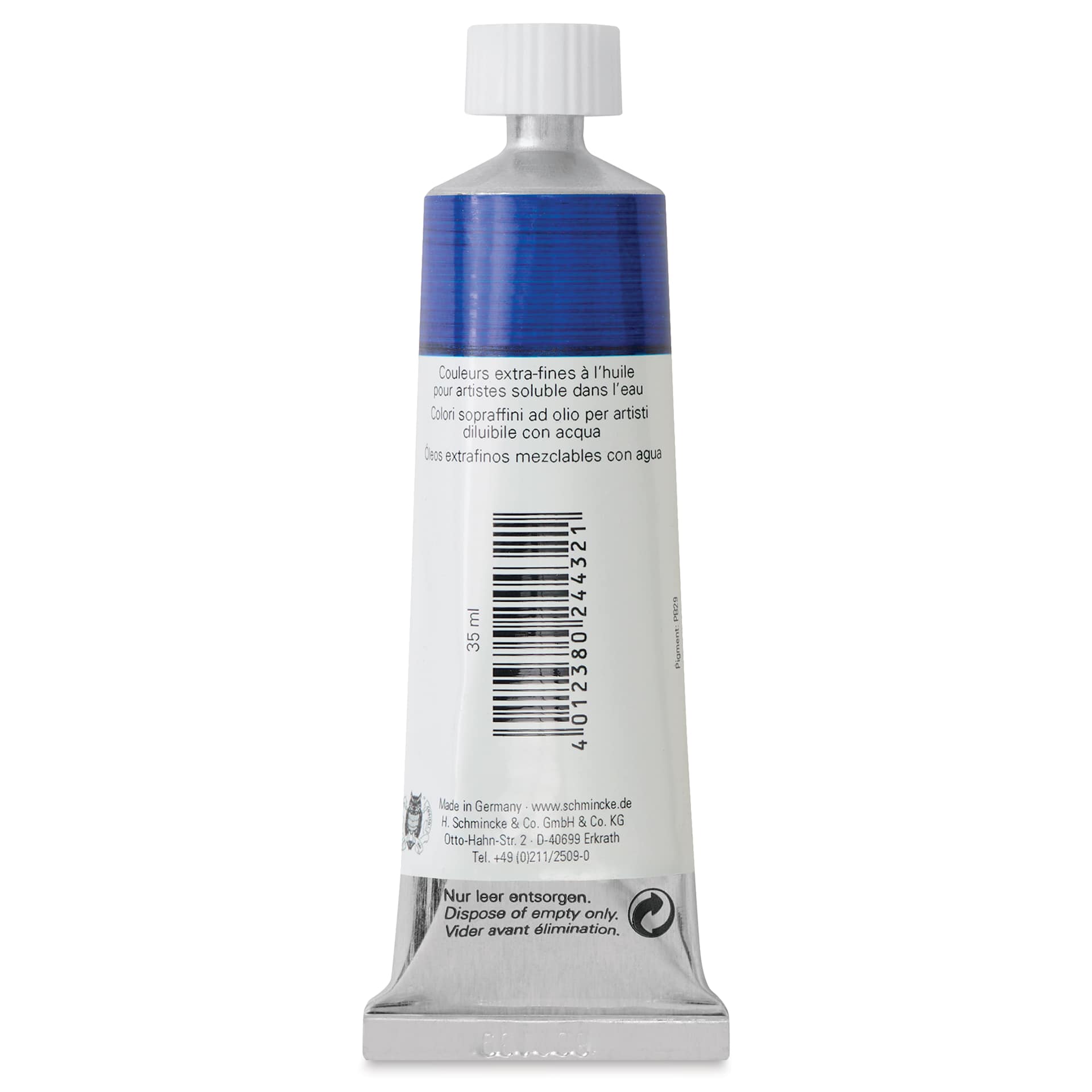 Schmincke Norma Blue Water-Mixable Oil Paint - Ultramarine Blue Light, 35 ml, back of the tube