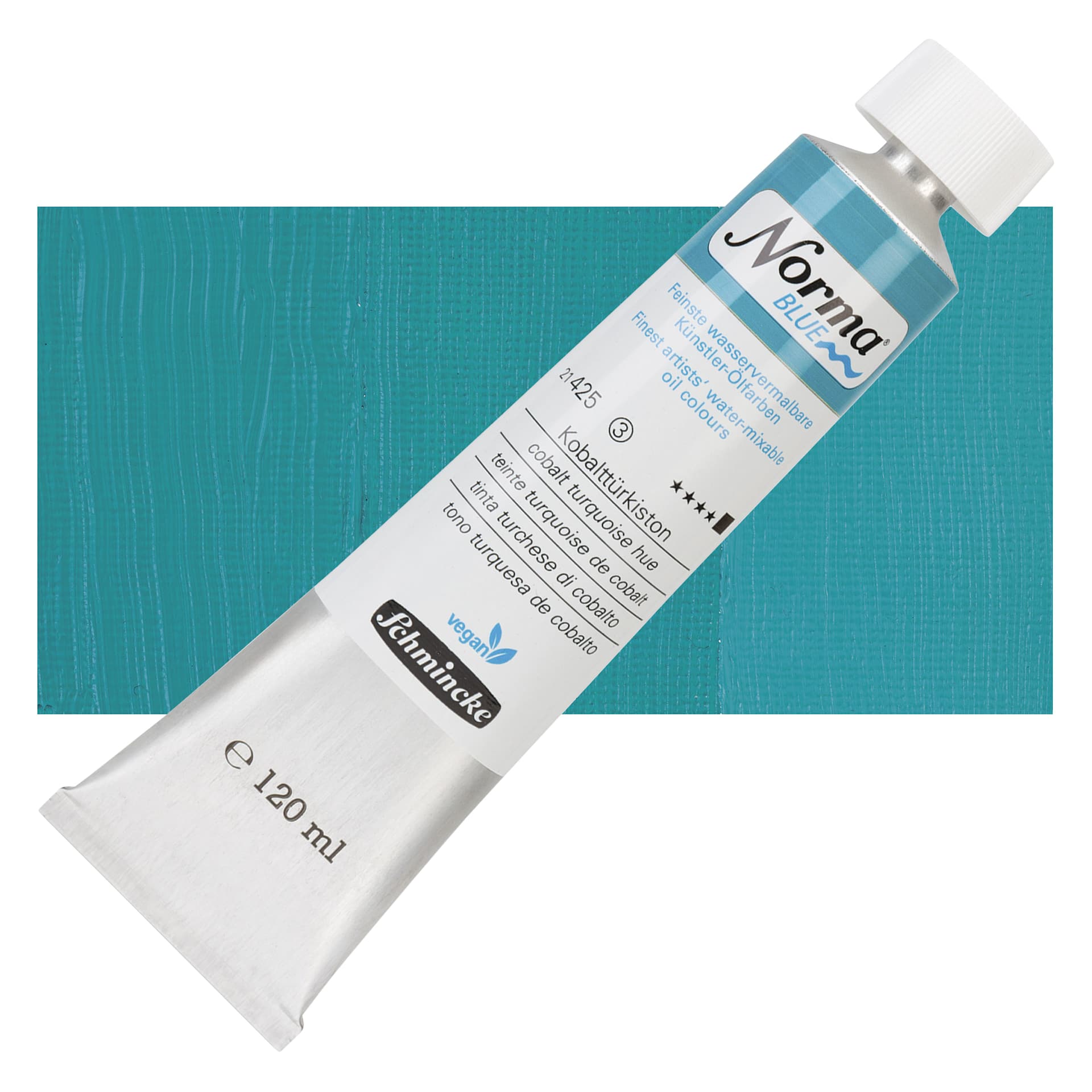 Schmincke Norma Blue Water-Mixable Oil Paint - Cobalt Turquoise Hue, 120 ml tube and swatch
