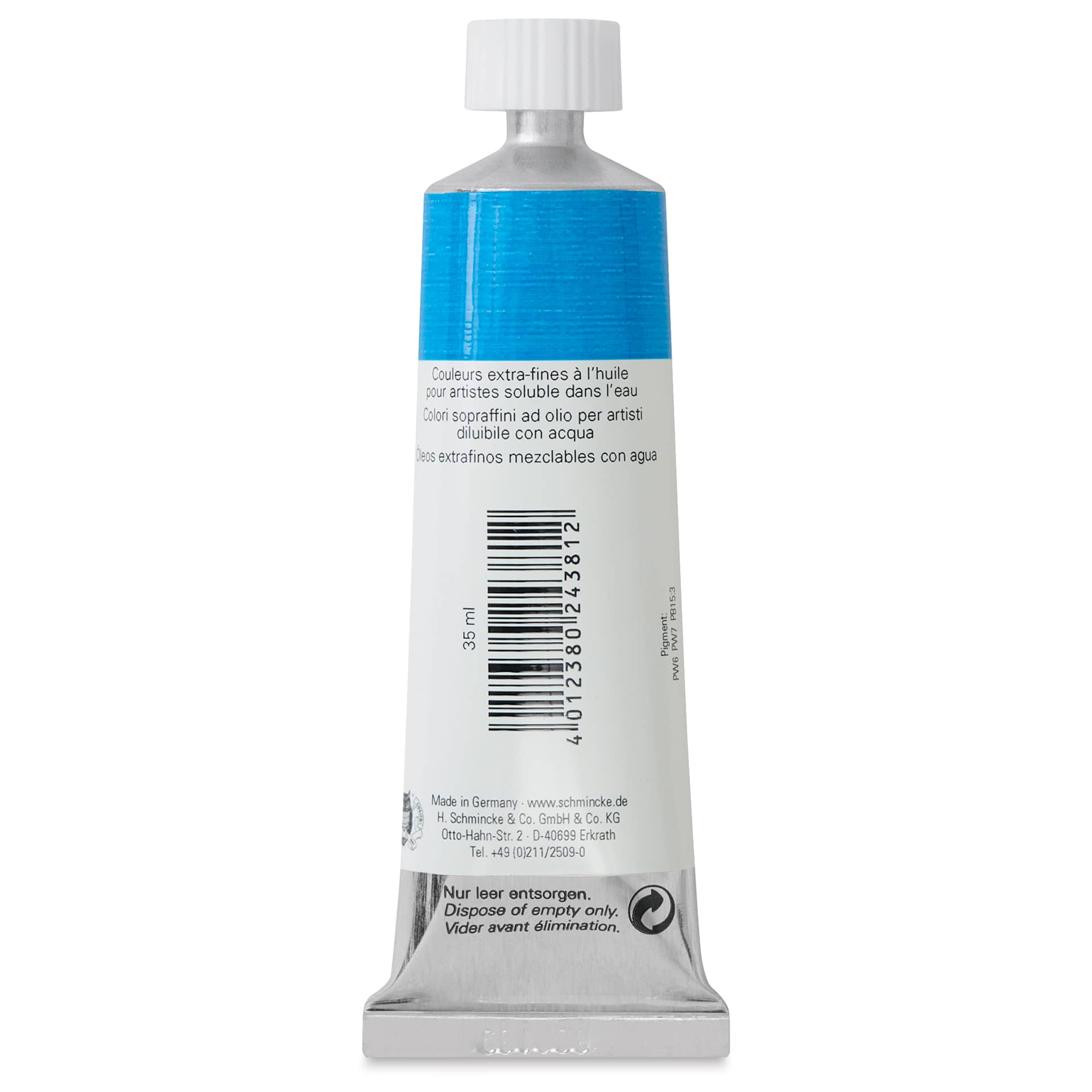 Schmincke Norma Blue Water-Mixable Oil Paint - Azure Blue, 35 ml, back of the tube