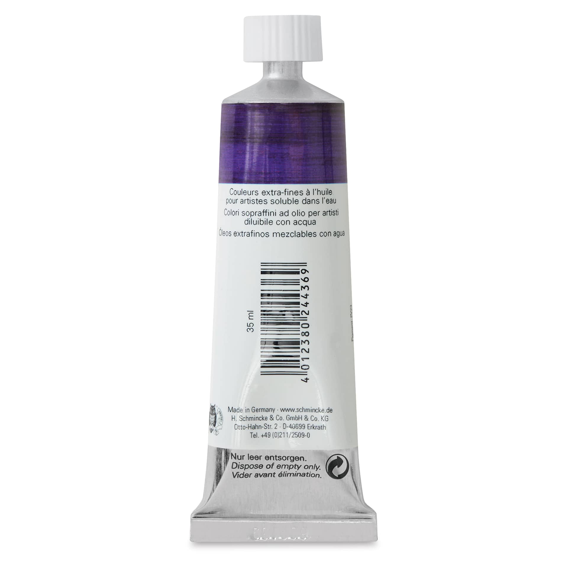 Schmincke Norma Blue Water-Mixable Oil Paint - Violet Dark, 35 ml, back of the tube