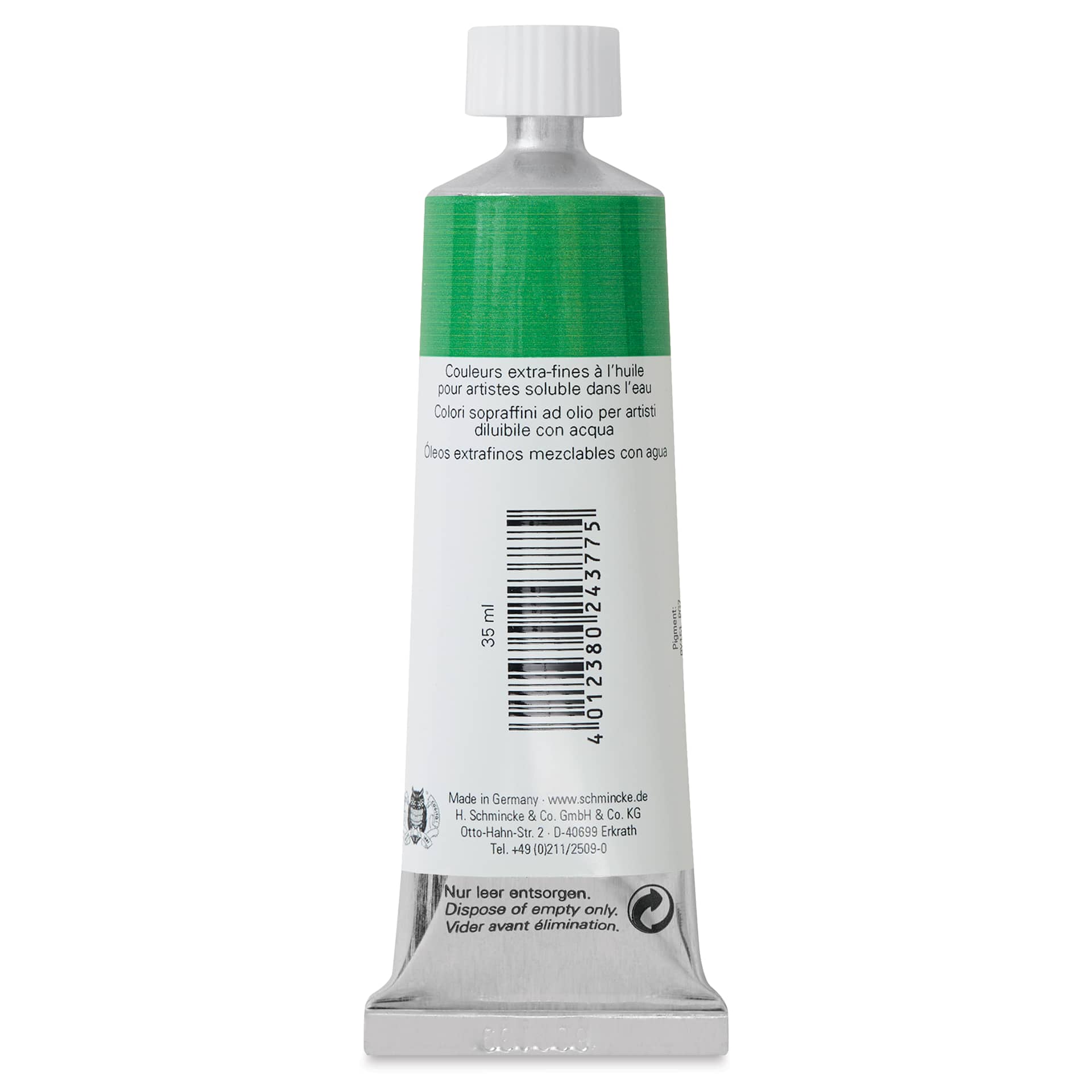 Schmincke Norma Blue Water-Mixable Oil Paint - Permanent Green, 35 ml, back of the tube