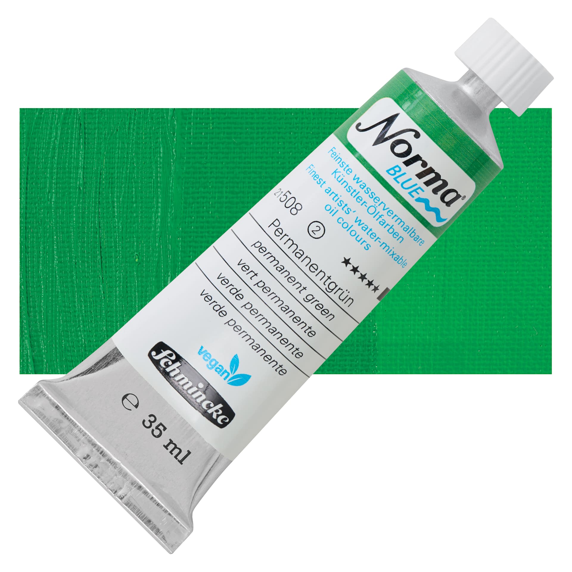 Schmincke Norma Blue Water-Mixable Oil Paint - Permanent Green, 35 ml tube and swatch