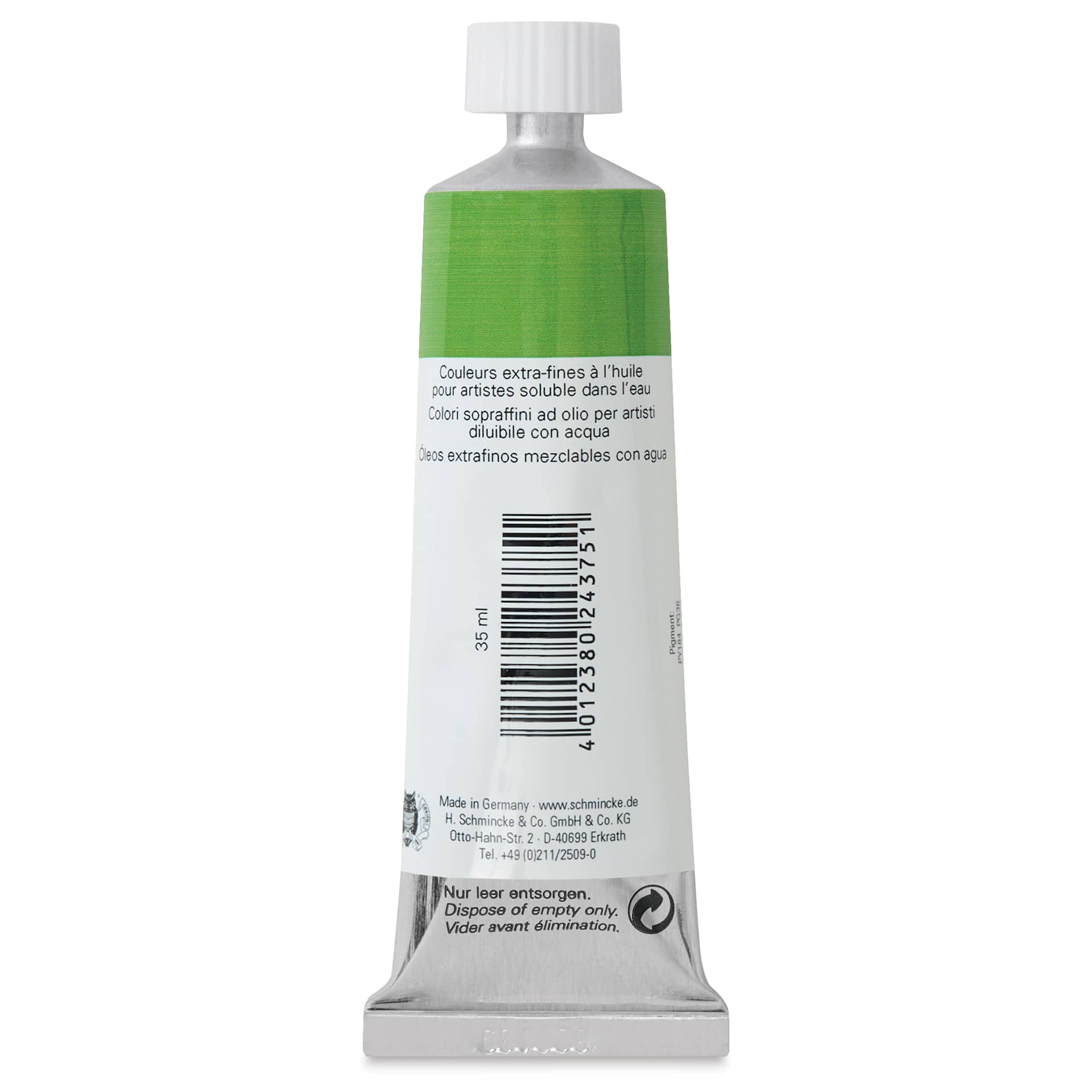 Schmincke Norma Blue Water-Mixable Oil Paint - Permanent Yellowish-Green, 35 ml, back of the tube