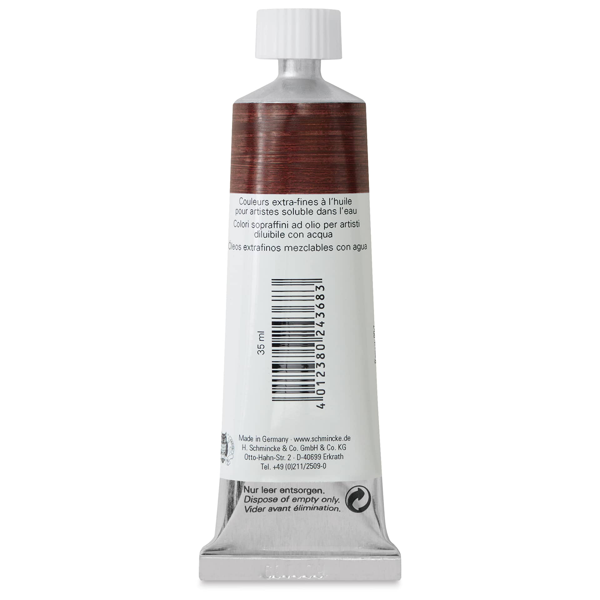 Schmincke Norma Blue Water-Mixable Oil Paint - Natural Burnt Sienna, 35 ml, back of the tube