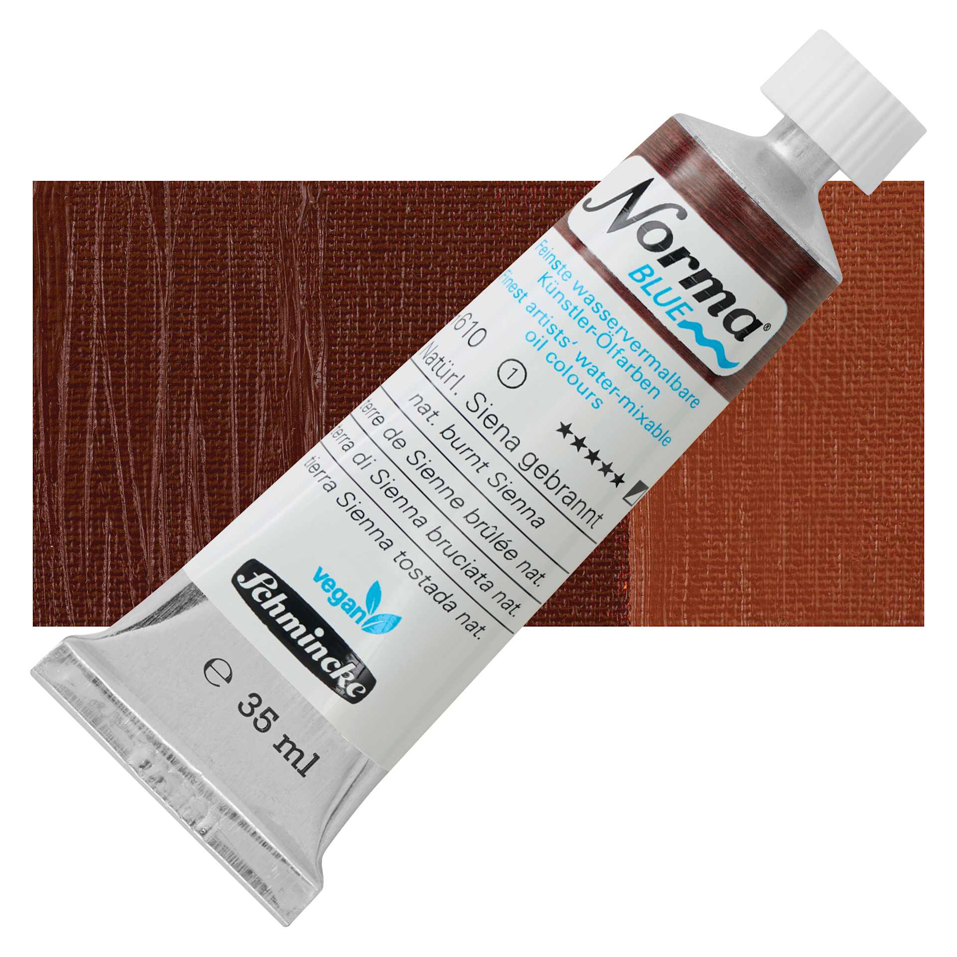 Schmincke Norma Blue Water-Mixable Oil Paint - Natural Burnt Sienna, 35 ml tube and swatch