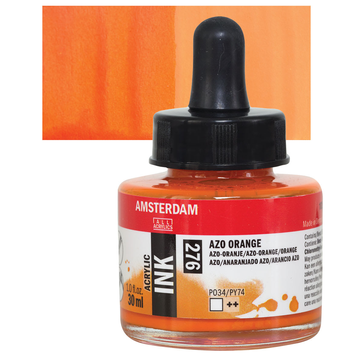 Amsterdam Acrylic Ink - Azo Orange, 30 ml bottle and swatch