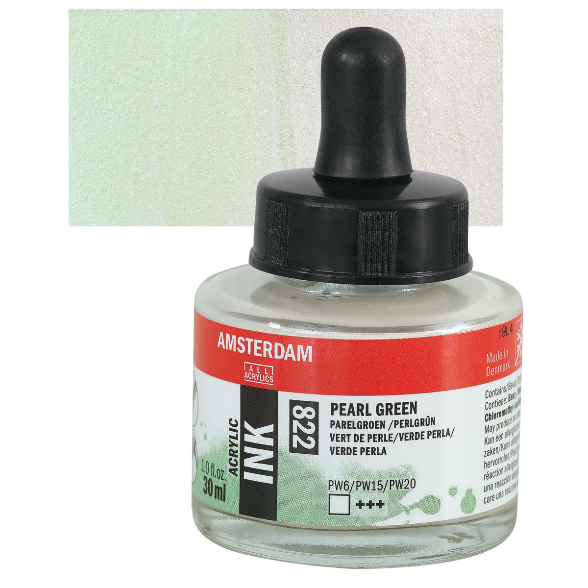 Amsterdam Acrylic Ink - Pearl Green, 30 ml bottle and swatch