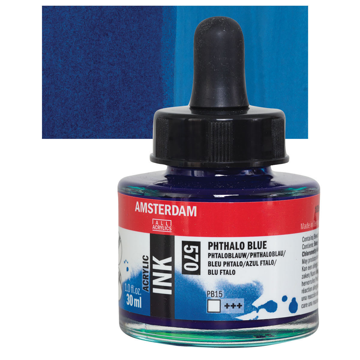 Amsterdam Acrylic Ink - Phthalo Blue, 30 ml bottle and swatch