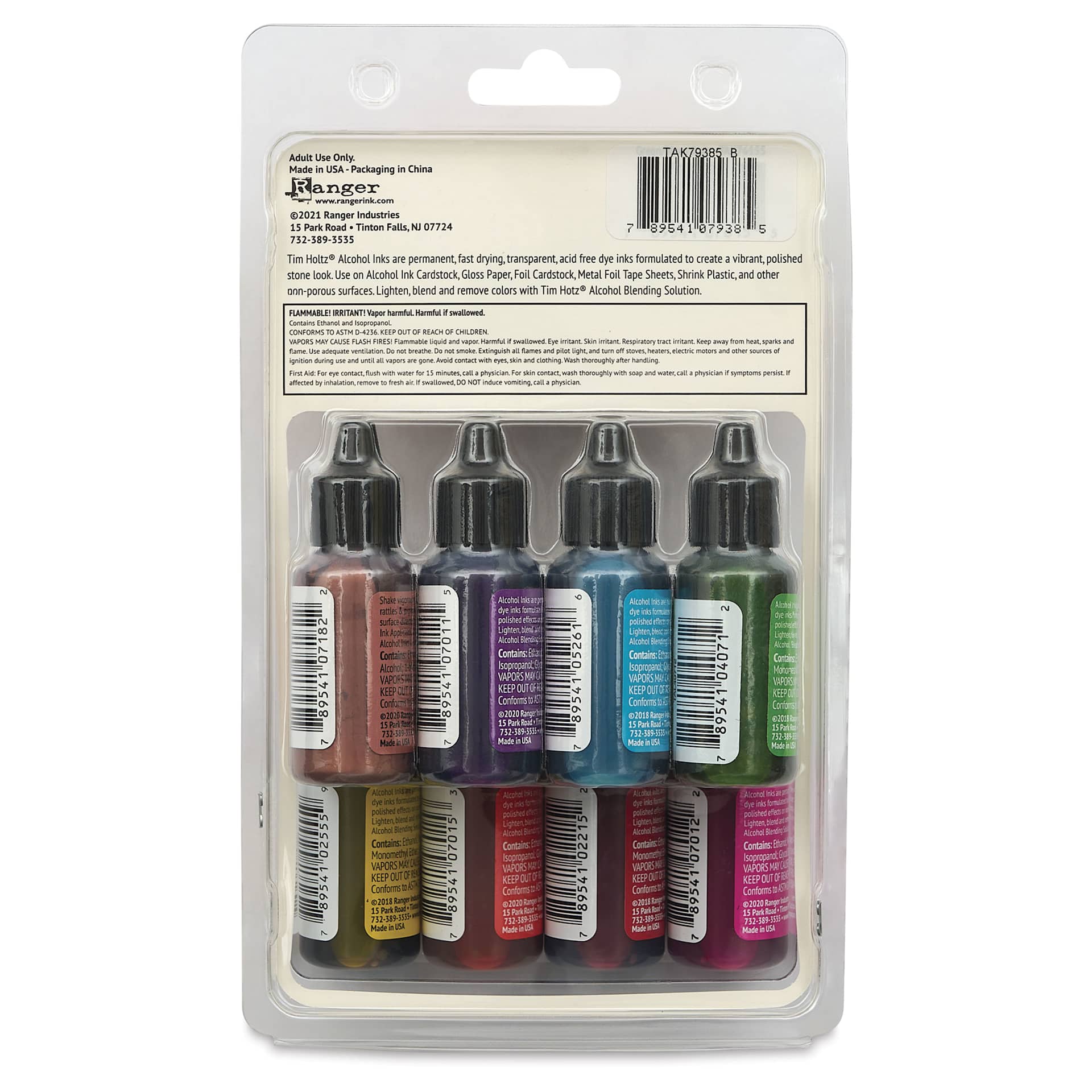 Ranger Tim Holtz Alcohol Ink - Spectrum Bright, Set of 8, 05 oz, back of the packaging