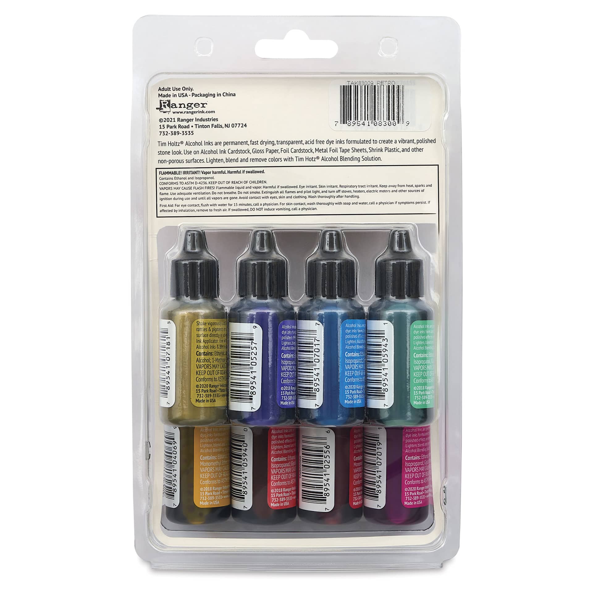 Ranger Tim Holtz Alcohol Ink - Spectrum Retro, Set of 8, 05 oz, back of the packaging