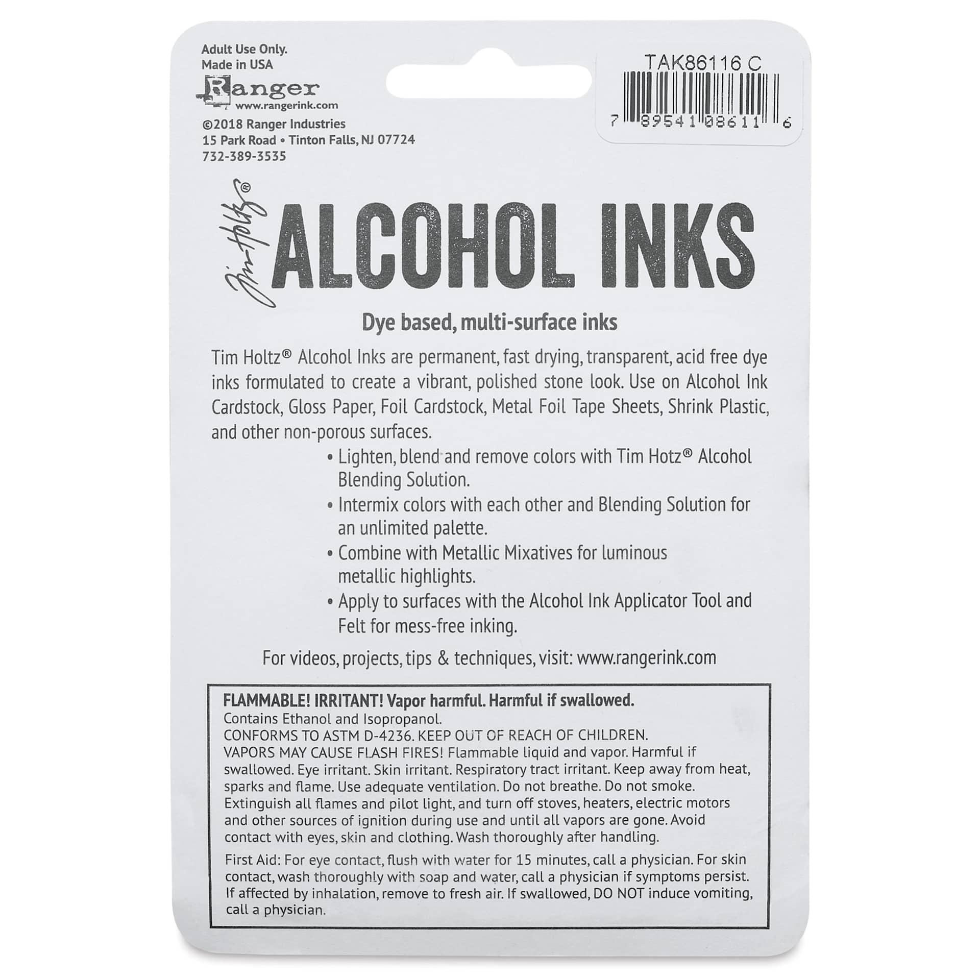 Ranger Tim Holtz Alcohol Ink - Crossroads, Set of 3, 05 oz, back of the packaging