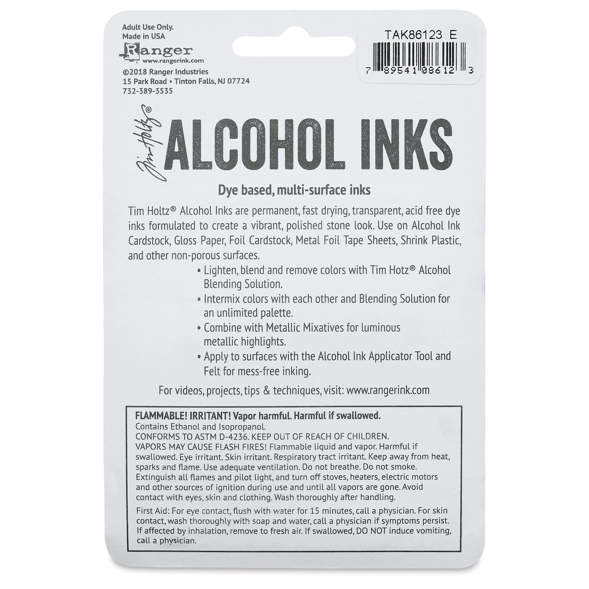 Ranger Tim Holtz Alcohol Ink - Expedition, Set of 3, 05 oz, back of the packaging
