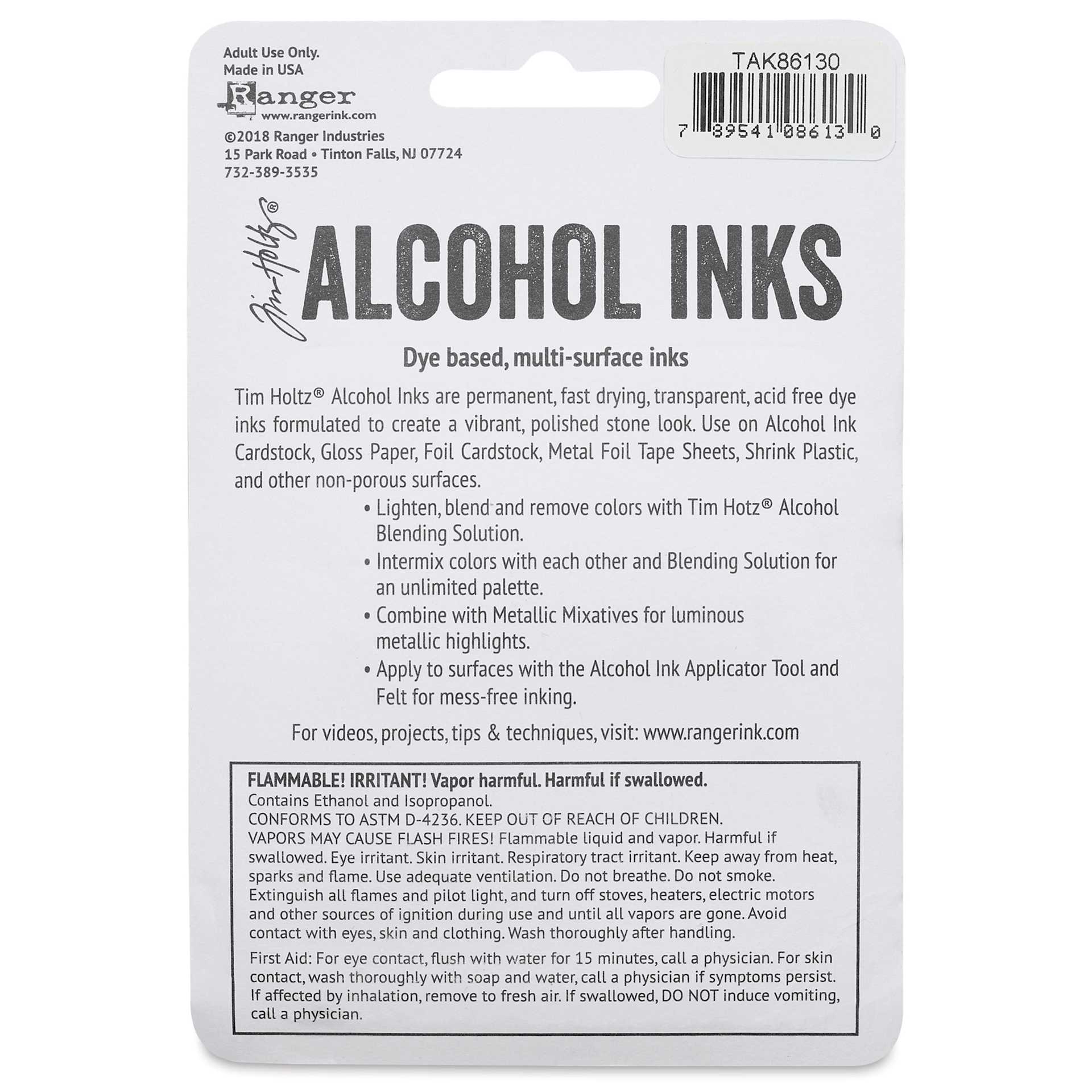 Ranger Tim Holtz Alcohol Ink - Getaway, Set of 3, 05 oz, back of the packaging