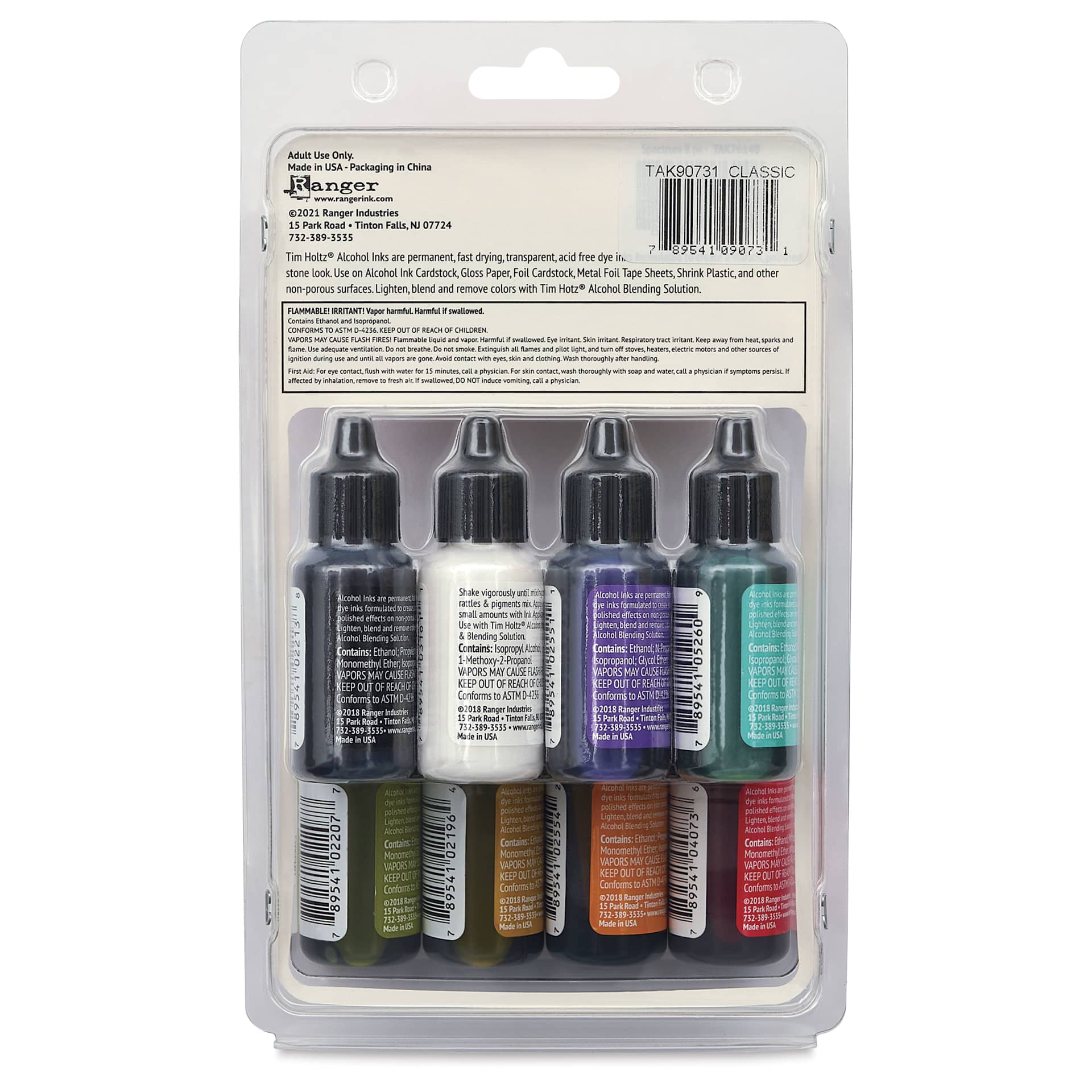 Ranger Tim Holtz Alcohol Ink - Spectrum Classic, Set of 8, 05 oz, back of the packaging