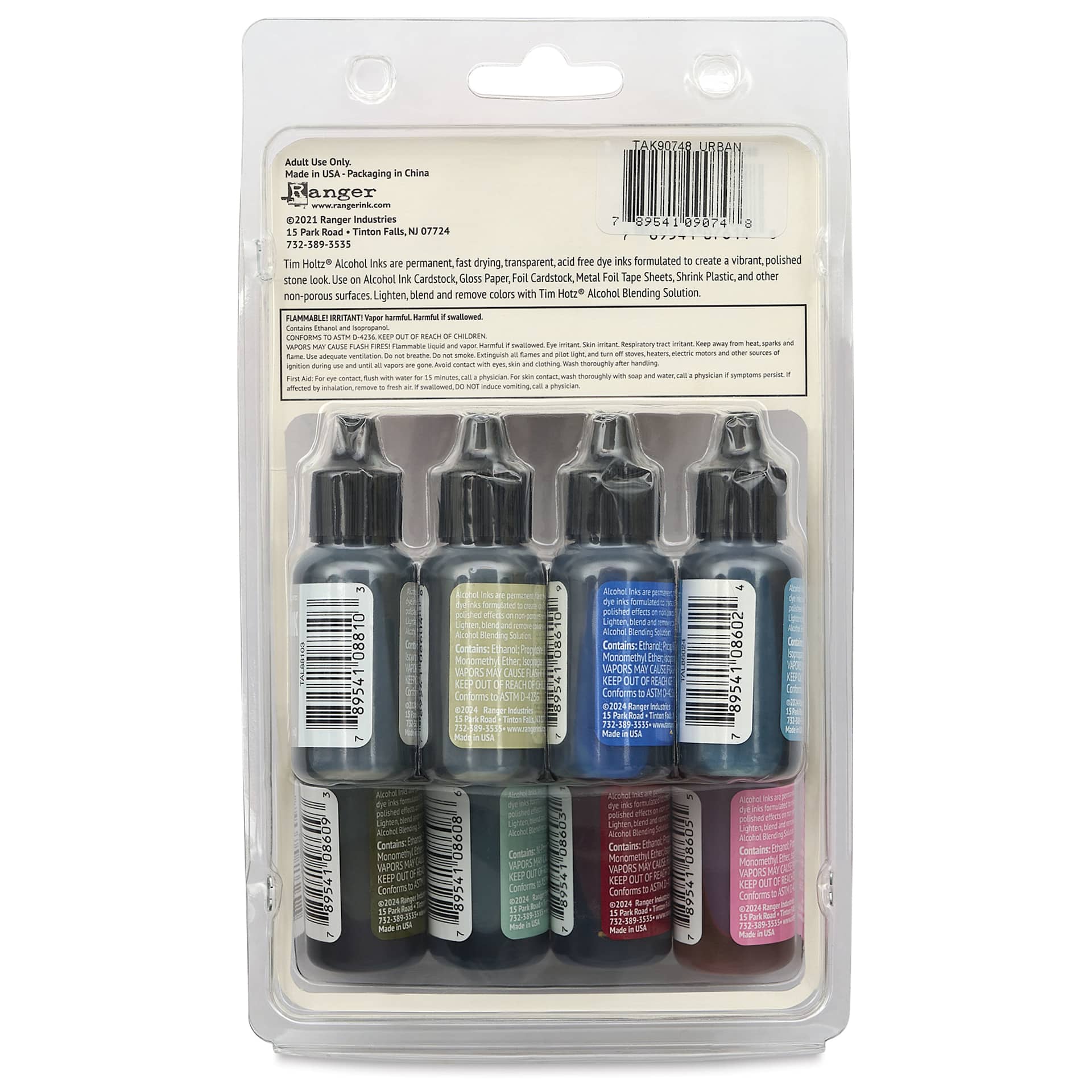 Ranger Tim Holtz Alcohol Ink - Spectrum Urban, Set of 8, 05 oz, back of the packaging