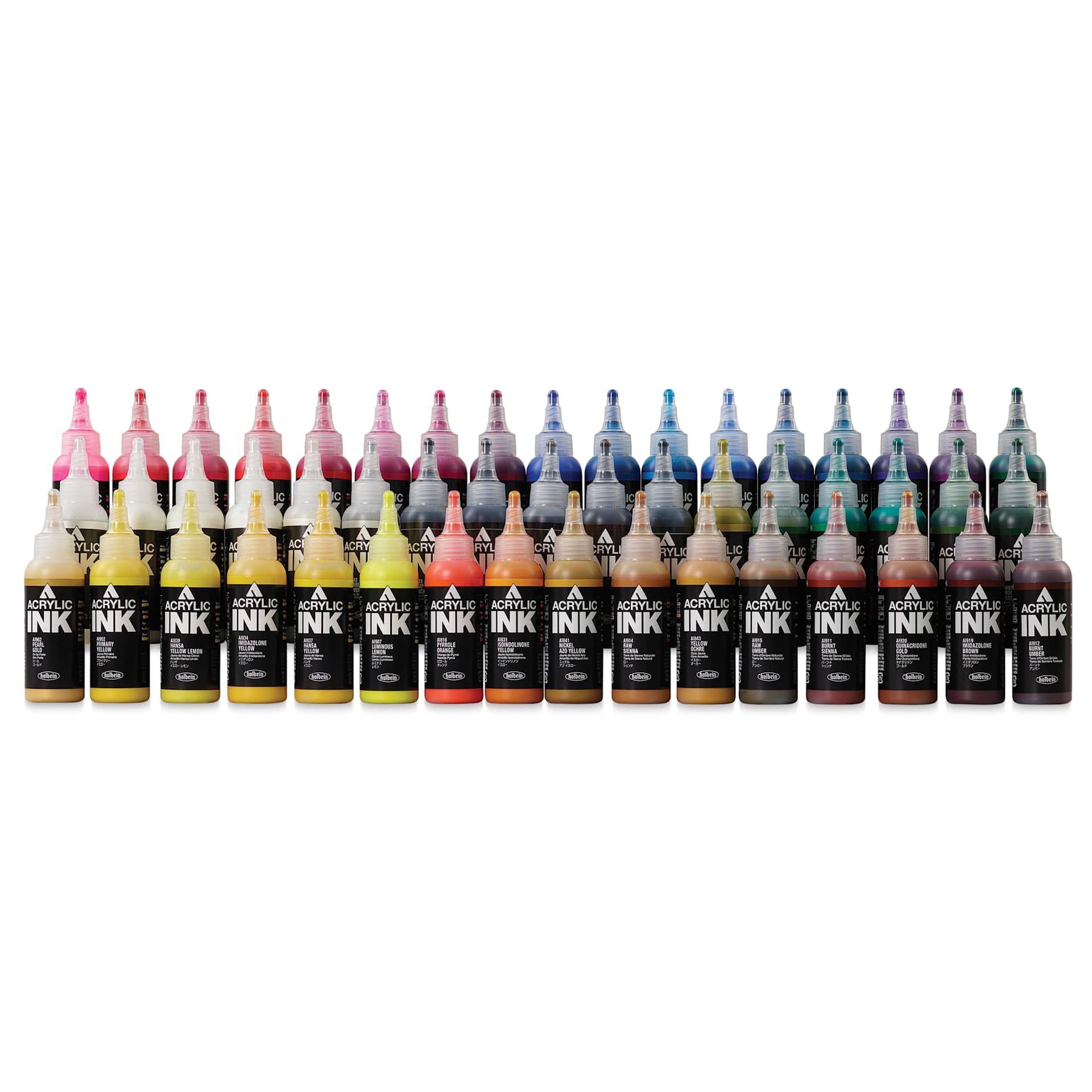 Holbein Acrylic Inks - Assorted Colors, Set of 50, 100 ml, laid out