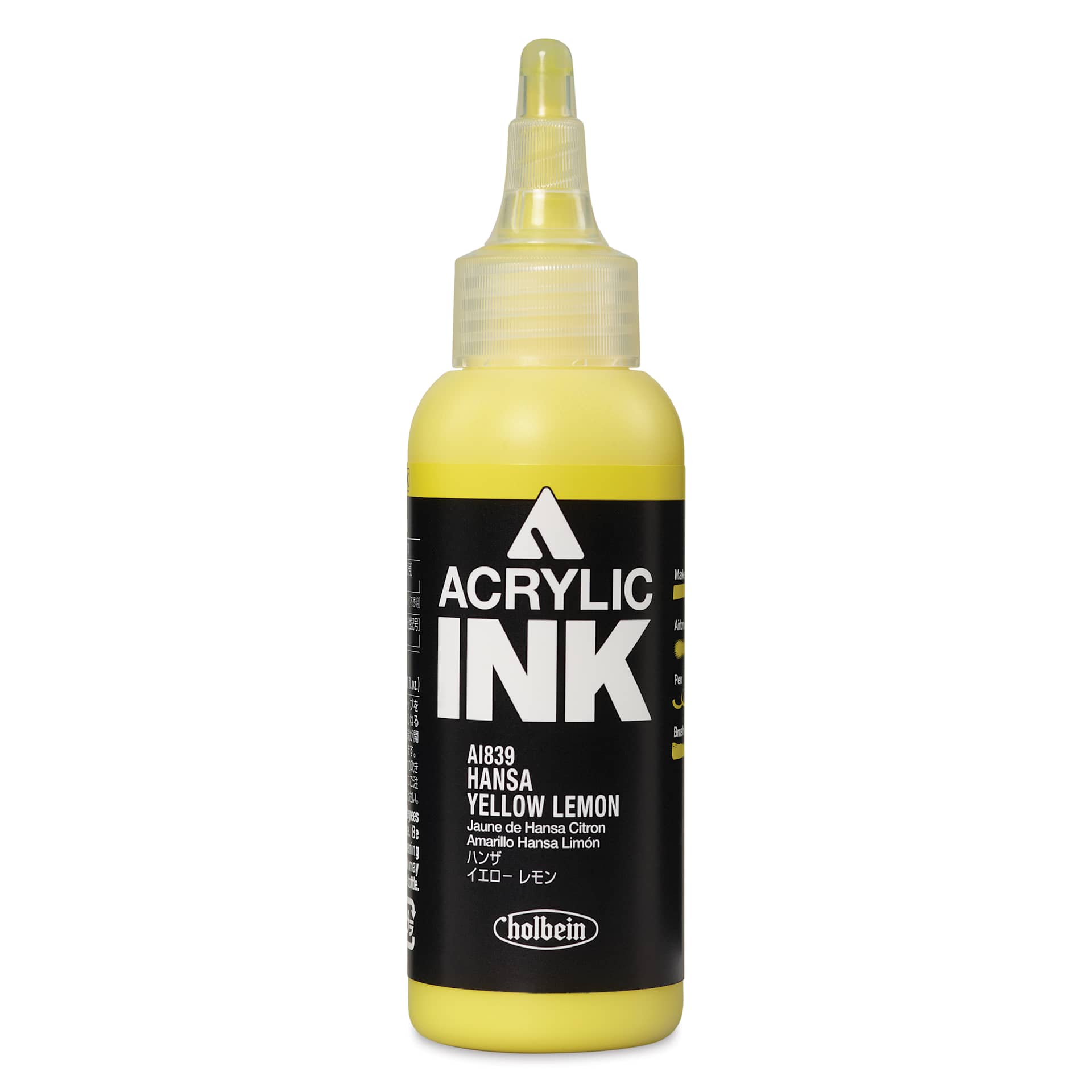 Holbein Acrylic Ink - Hansa Yellow Lemon, 100 ml, front of the bottle