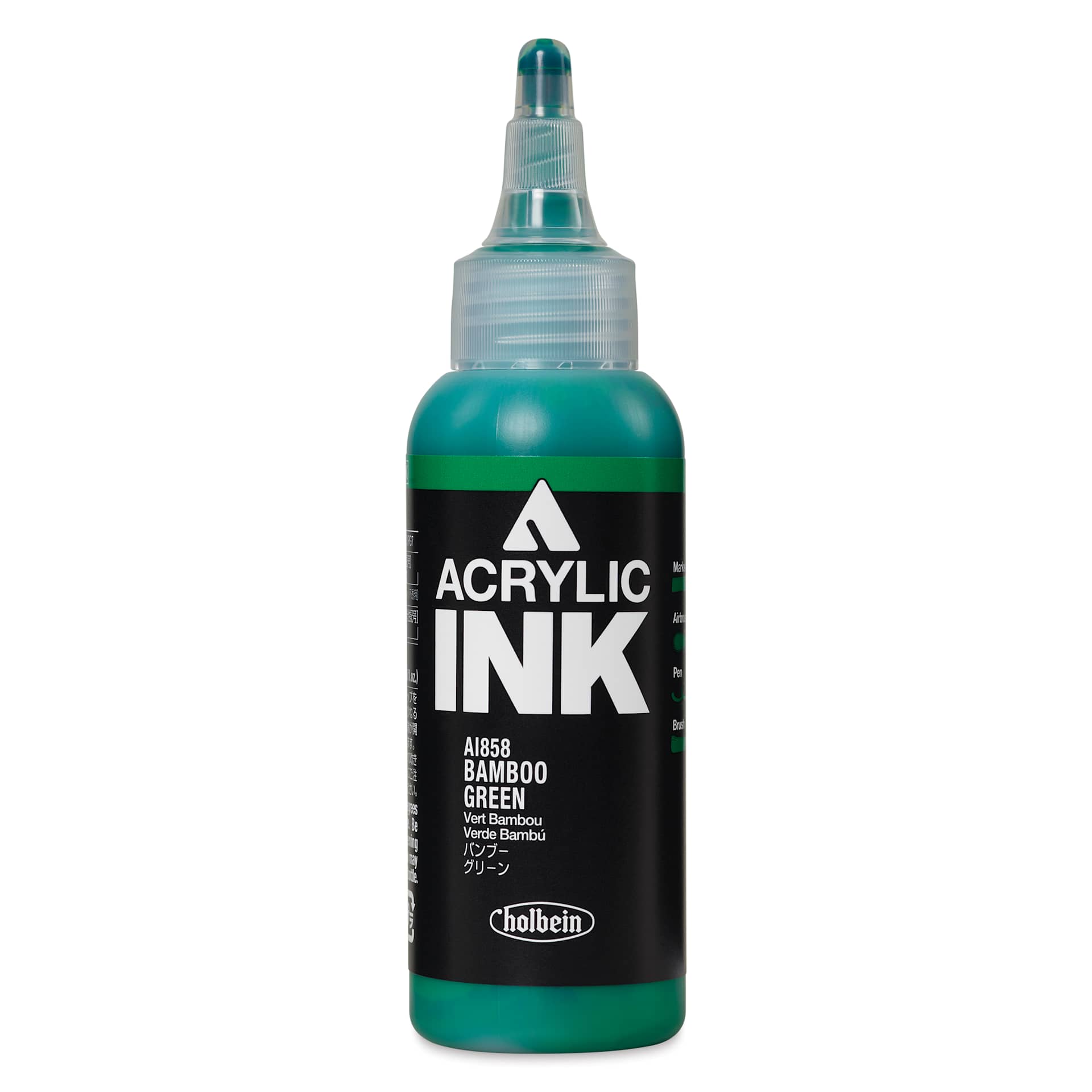 Holbein Acrylic Ink - Bamboo Green, 100 ml, front of the bottle