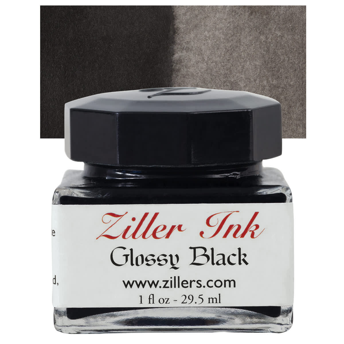 Ziller Ink - Glossy Black, 1 oz bottle and swatch