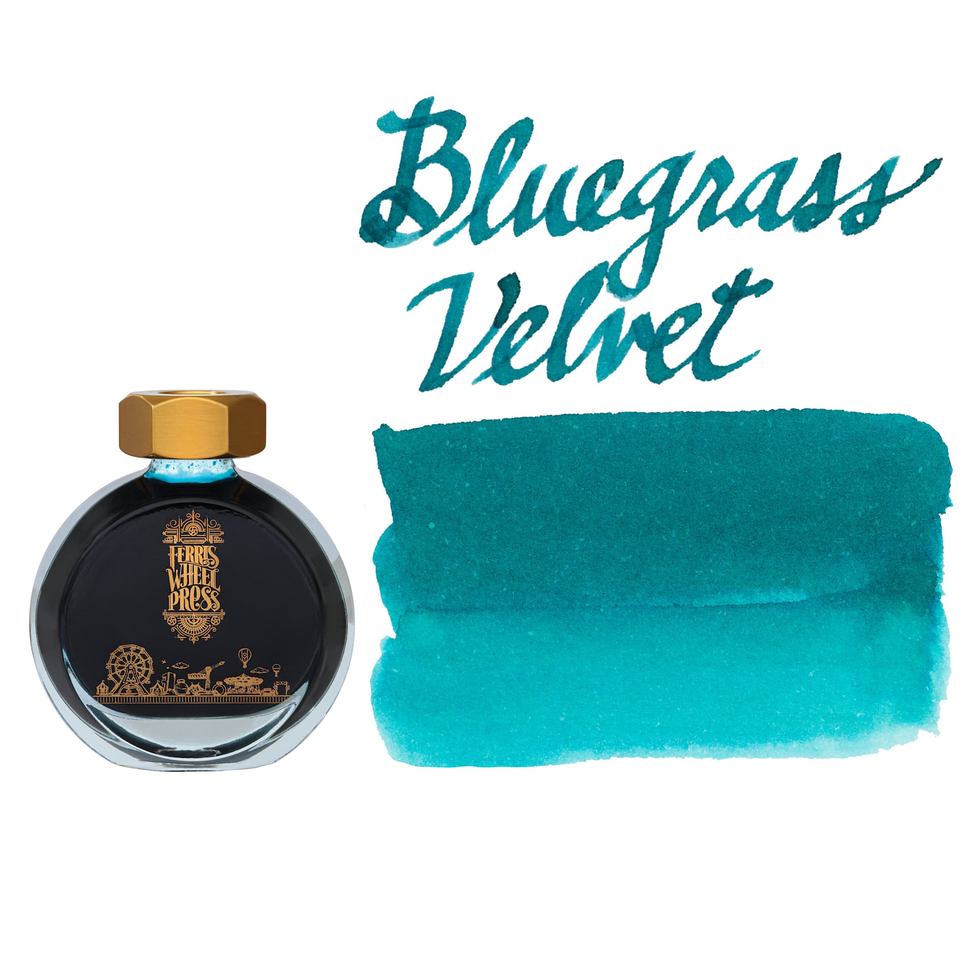 Ferris Wheel Press Fountain Pen Ink - Bluegrass Velvet, 38 ml, bottle and swatch