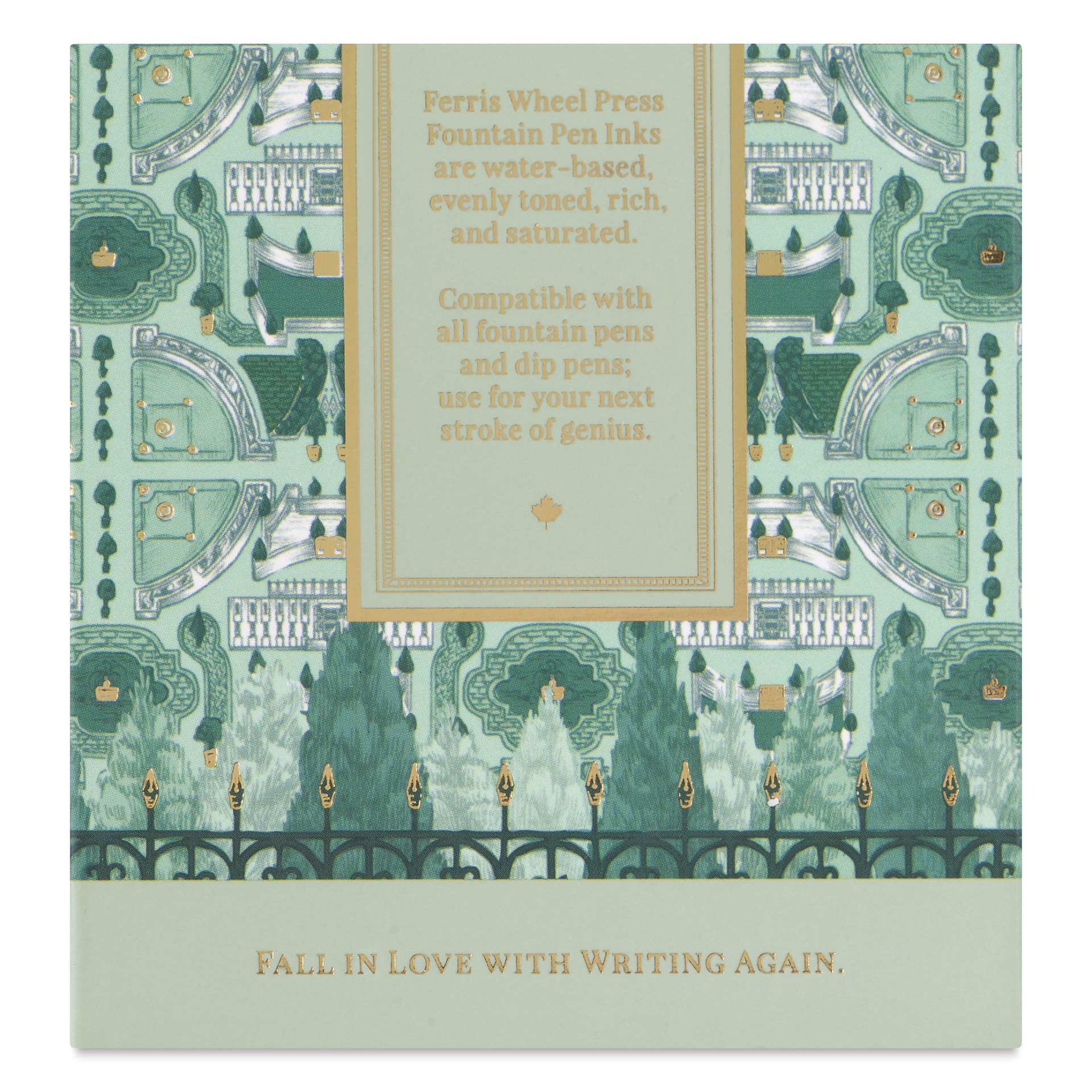 Ferris Wheel Press Fountain Pen Ink - Moss Park Green, 38 ml, back of the packaging