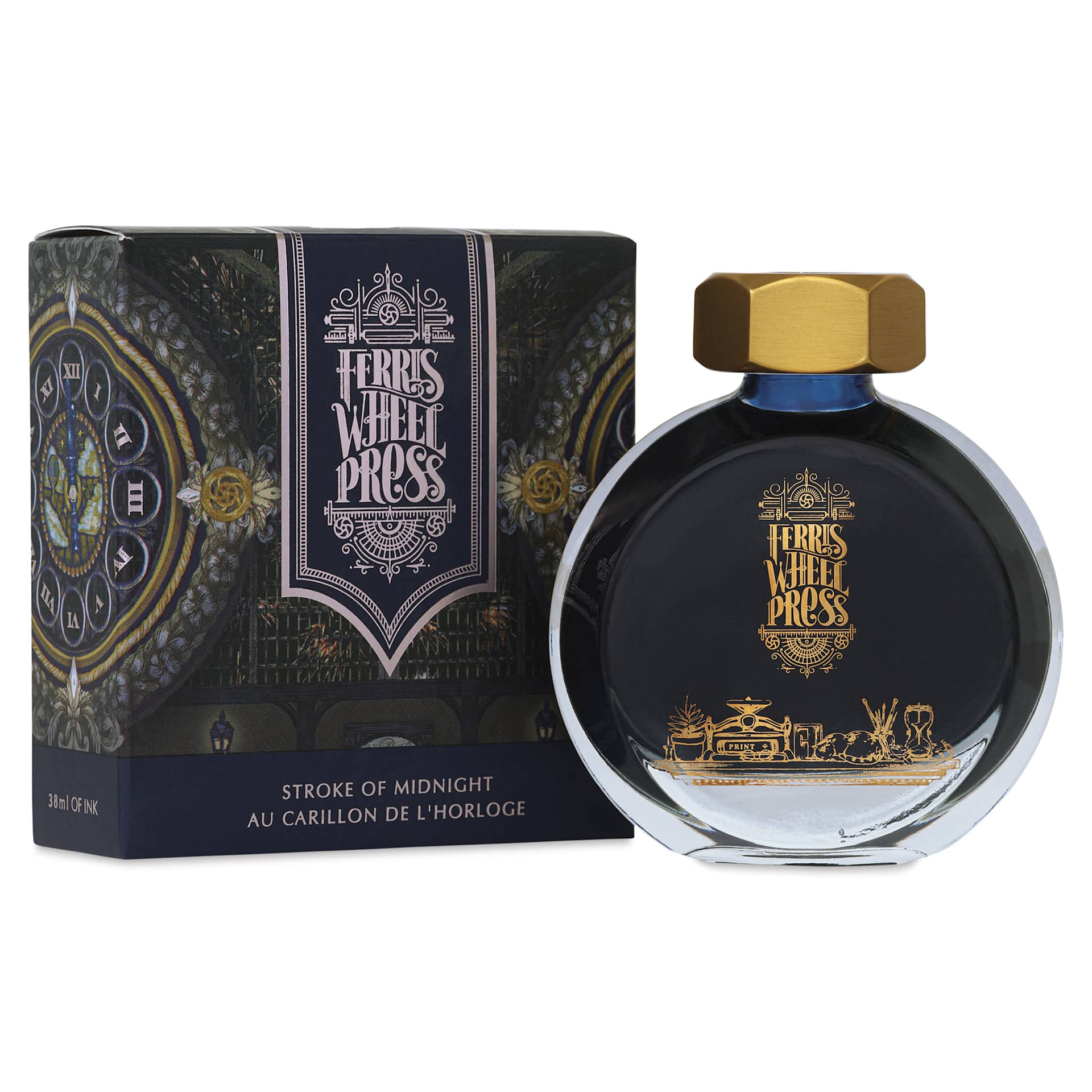 Ferris Wheel Press Fountain Pen Ink - Stroke of Midnight, 38 ml, bottle and packaging