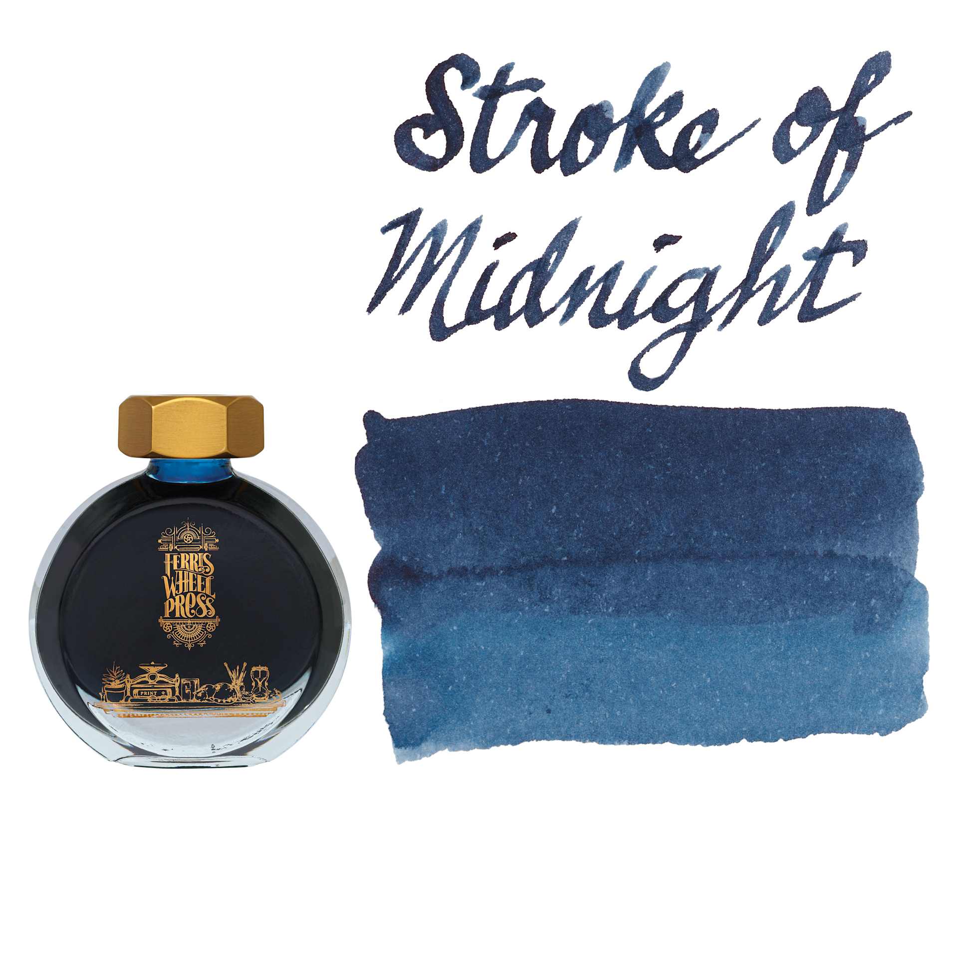 Ferris Wheel Press Fountain Pen Ink - Stroke of Midnight, 38 ml, swatch and bottle