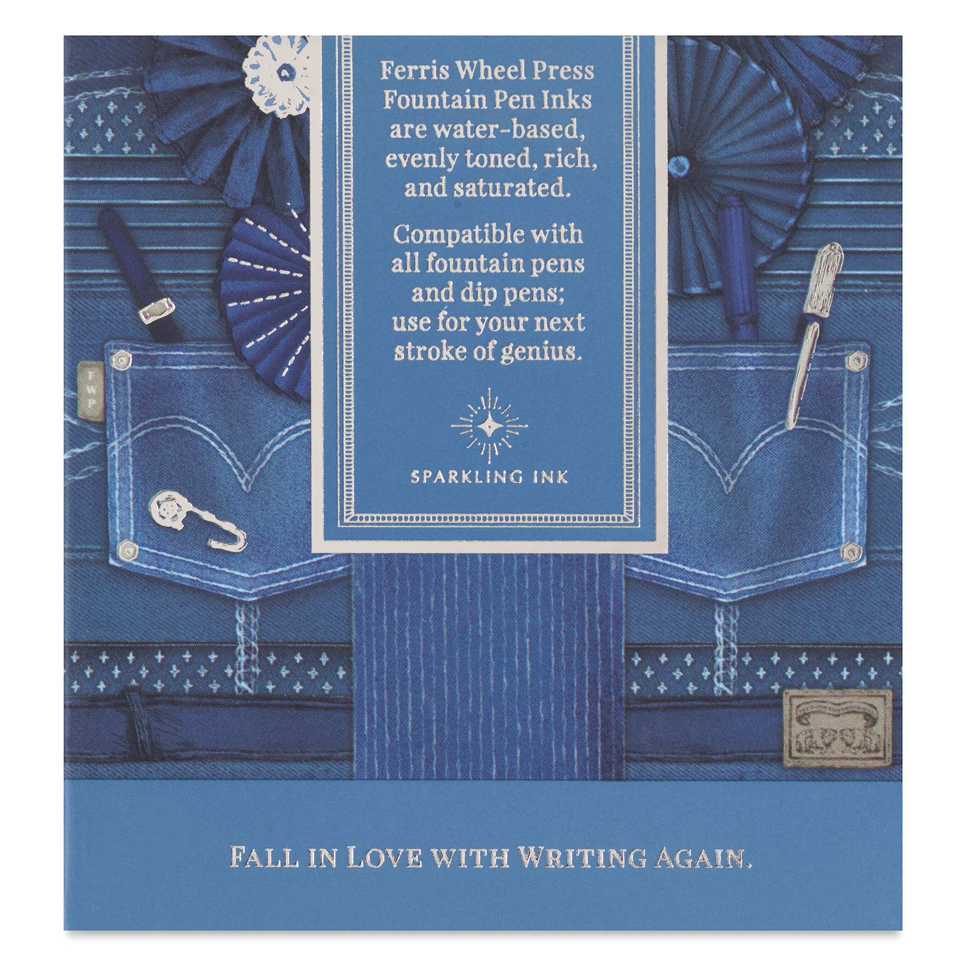 Ferris Wheel Press Fountain Pen Ink - Bathurst Blue Denim, 38 ml, back of the packaging