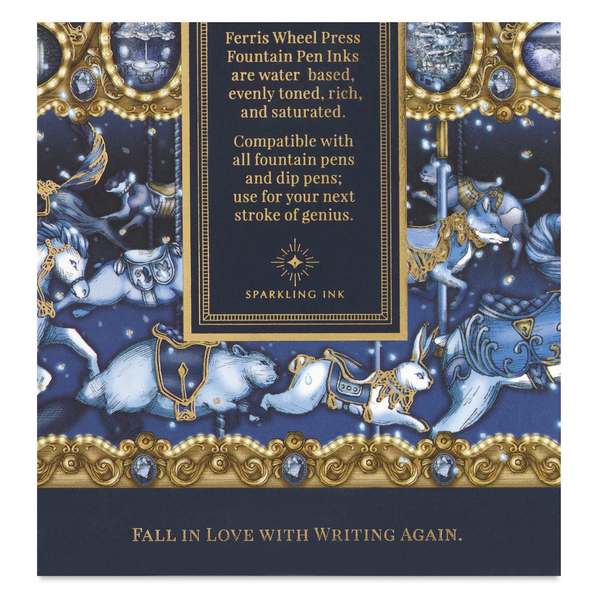 Ferris Wheel Press Fountain Pen Ink - Crystal Blue Legacy, 38 ml, back of the packaging