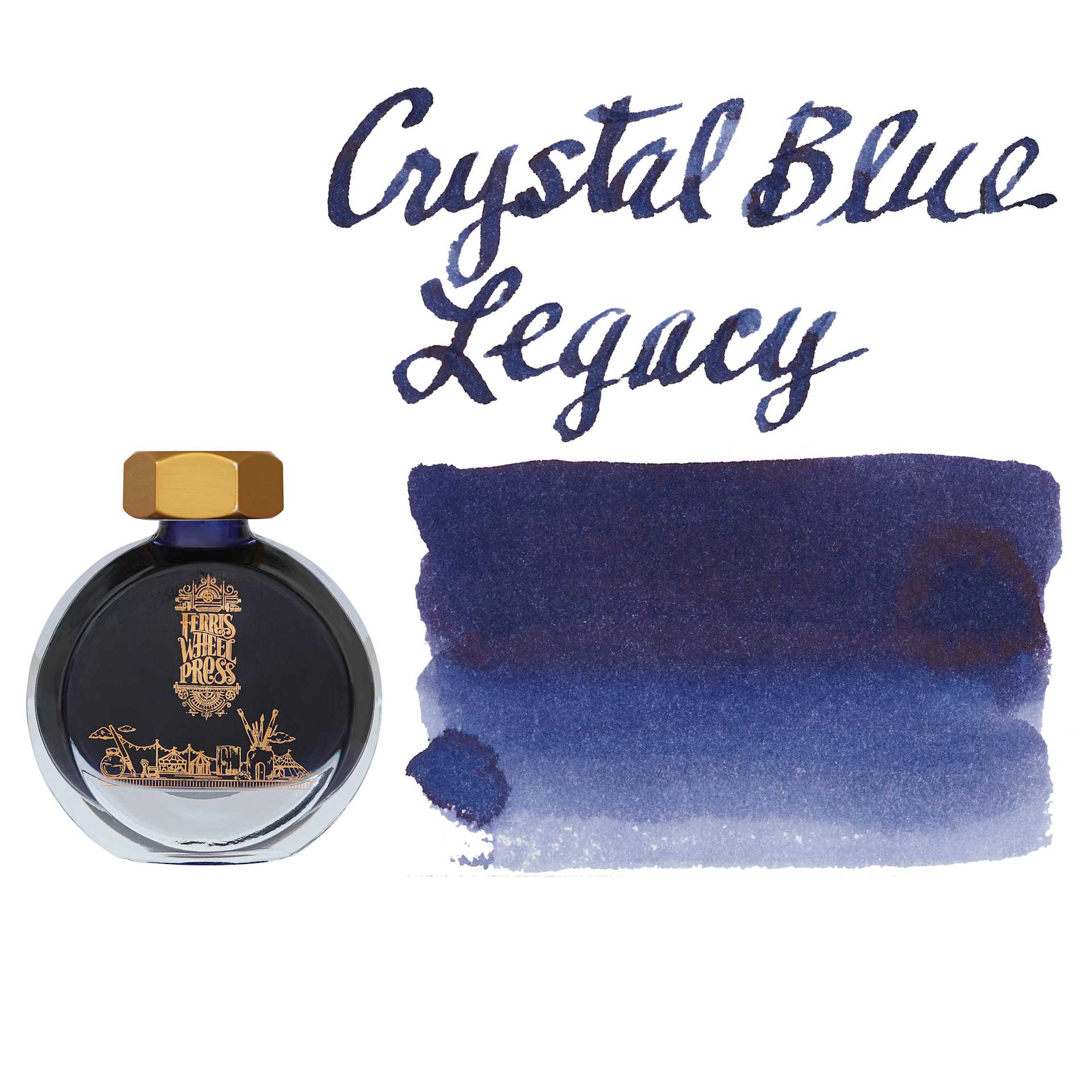 Ferris Wheel Press Fountain Pen Ink - Crystal Blue Legacy, 38 ml, swatch and bottle